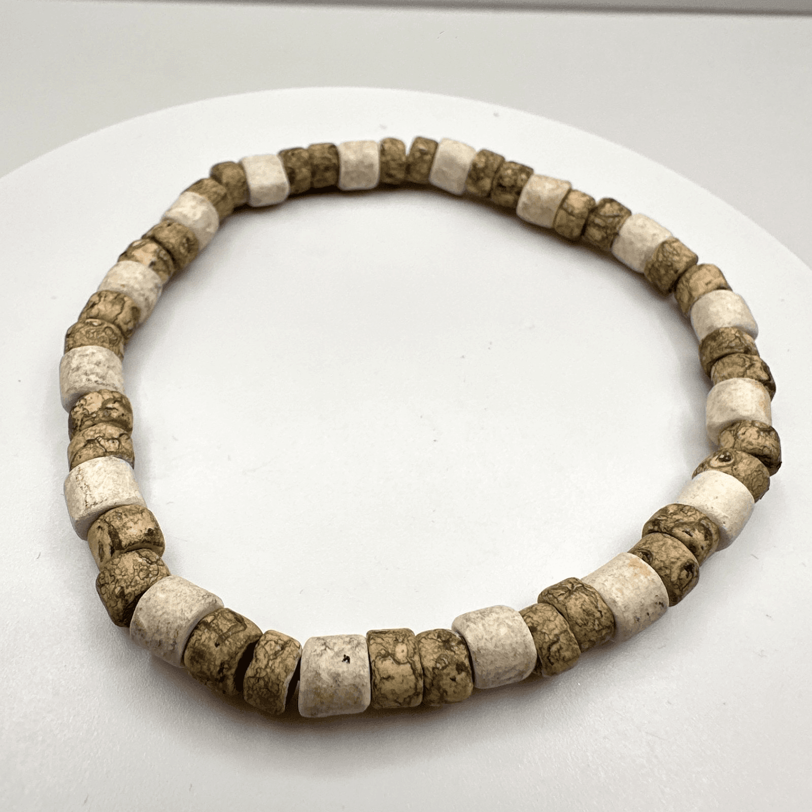 Vintage 90s Boho Beaded Bracelet Green & White Earthy Stone Unisex Jewelry - Image 1