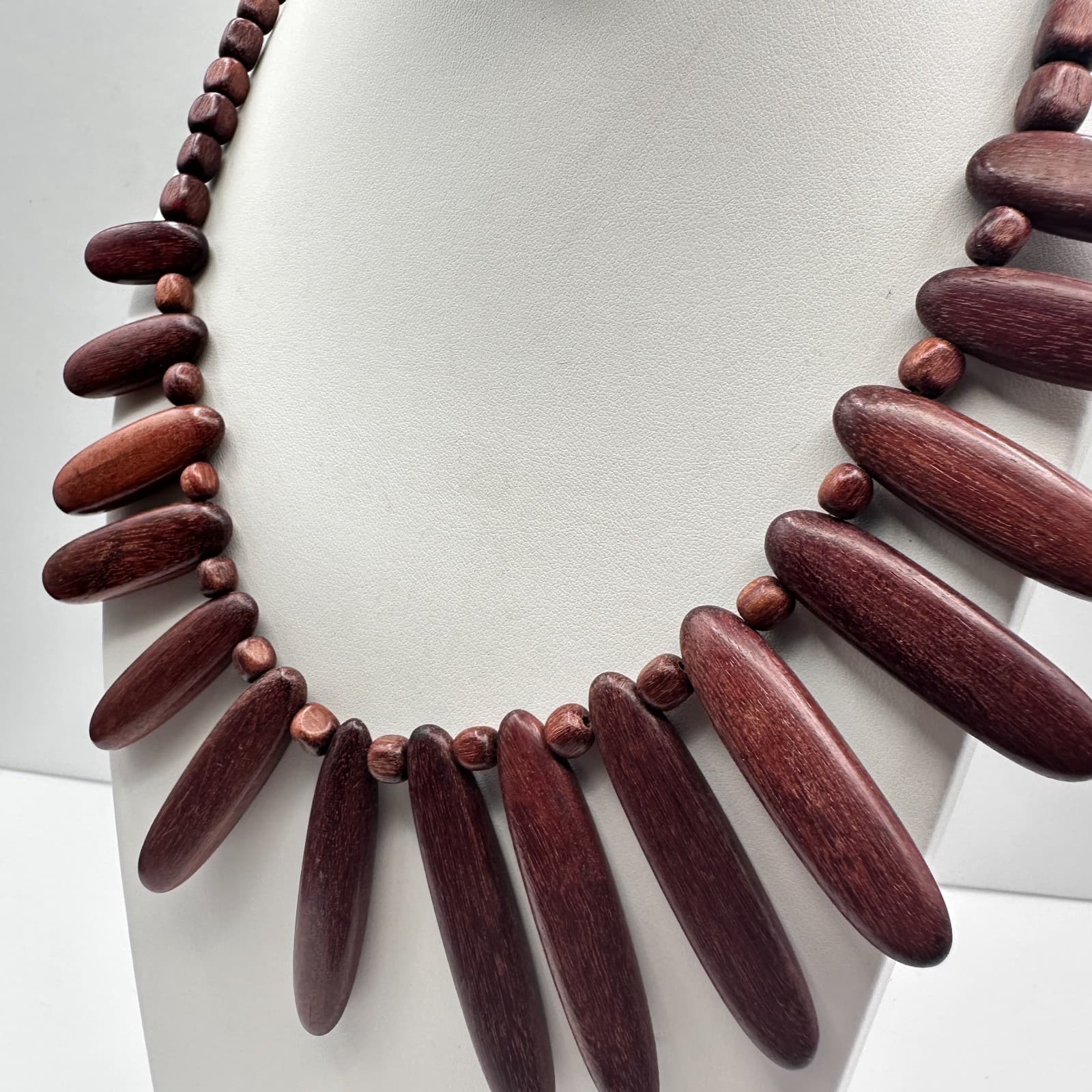 Vintage 90s Wood Spike Necklace Brown Beaded Boho Tribal Fringe Necklace Jewelry - Thumbnail 5