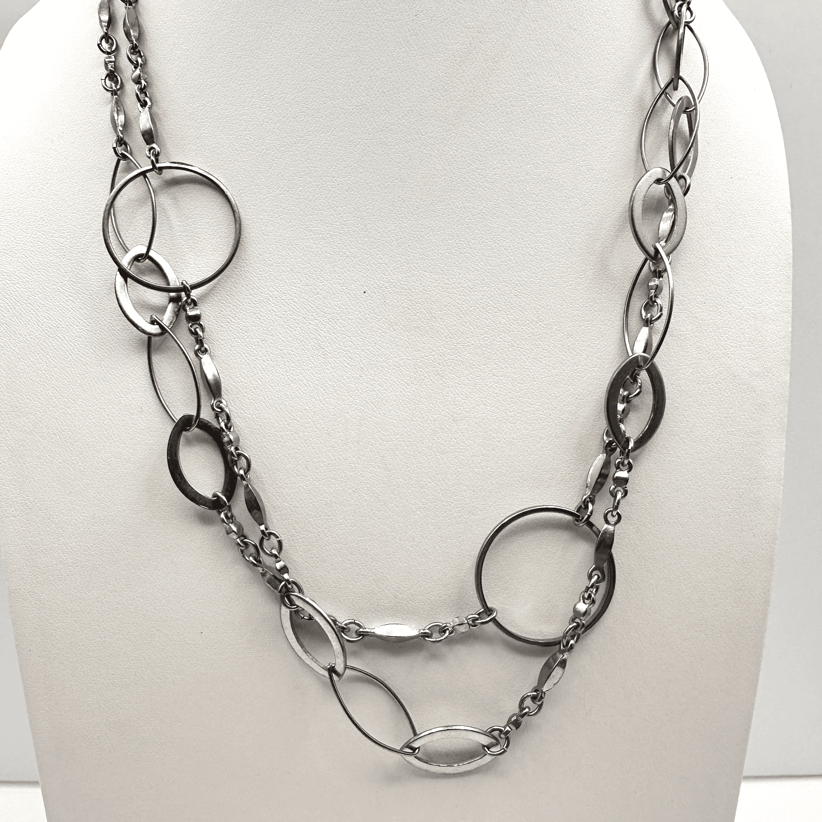 Vintage Y2K Silver Tone Multi Stand Link Necklace Geometric Circle Oval Chain - Image 1