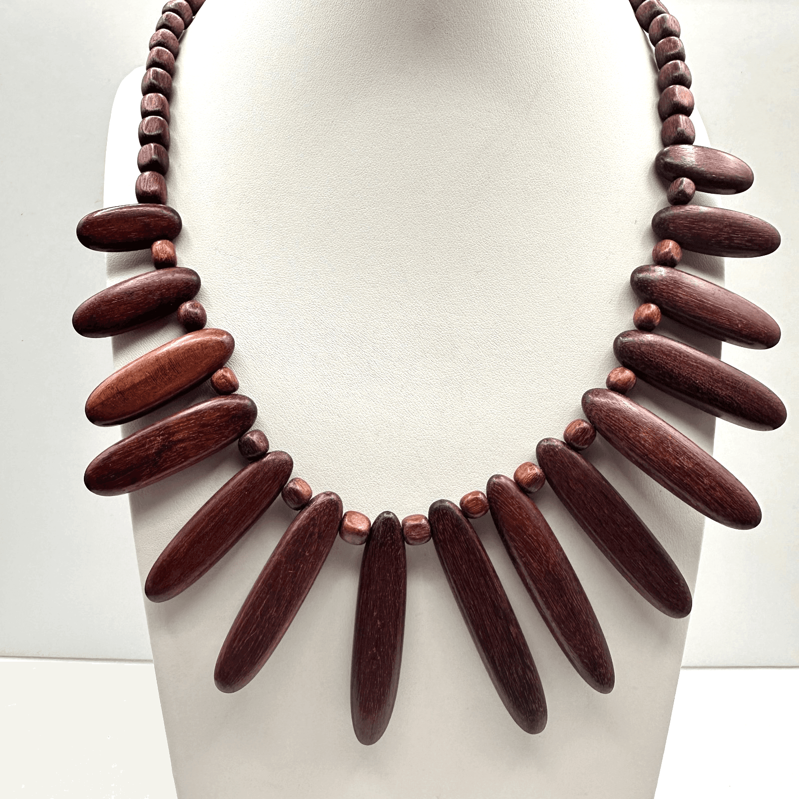 Vintage 90s Wood Spike Necklace Brown Beaded Boho Tribal Fringe Necklace Jewelry - Image 1