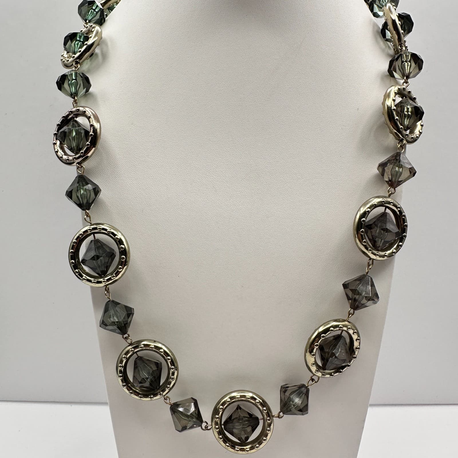 Vintage Y2K Grey Crystal Geometric Necklace Gold Tone Chunky Women's Jewelry - Image 1