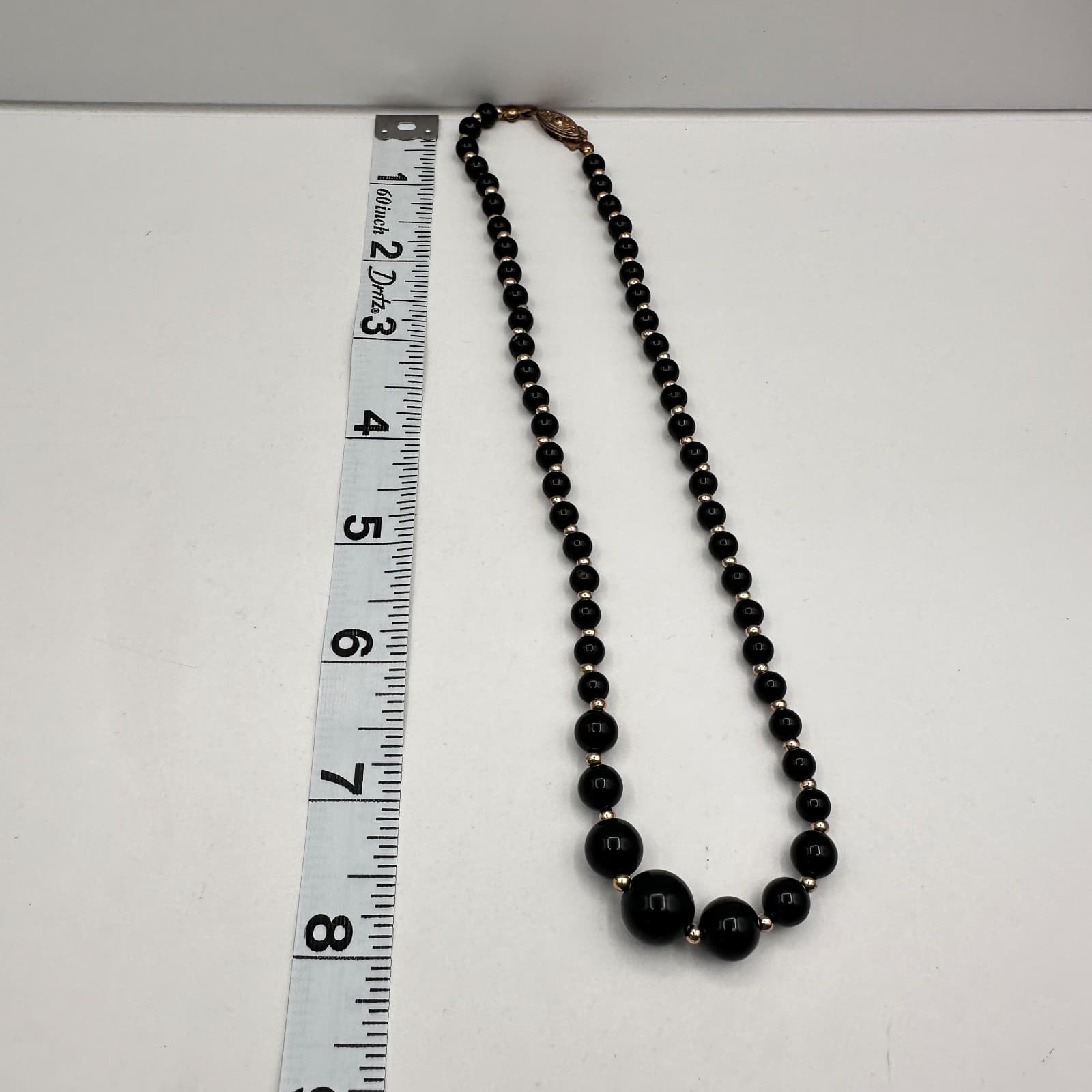 Vintage 80s Black Onyx Glass Bead Necklace Gold Tone Statement Women's Jewelry - Thumbnail 11