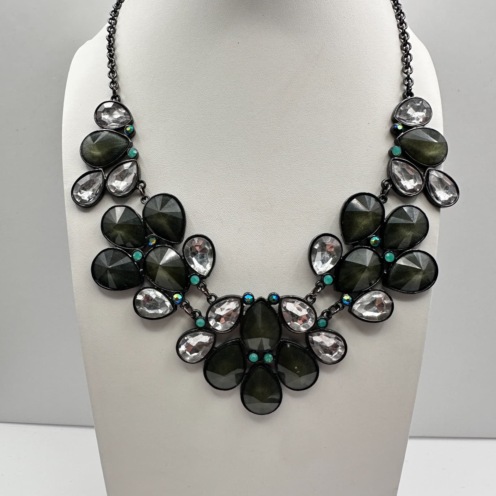 Vintage 90s Y2K Statement Necklace Boho Teardrop Green Clear Crystal Jewelry - Thumbnail 2