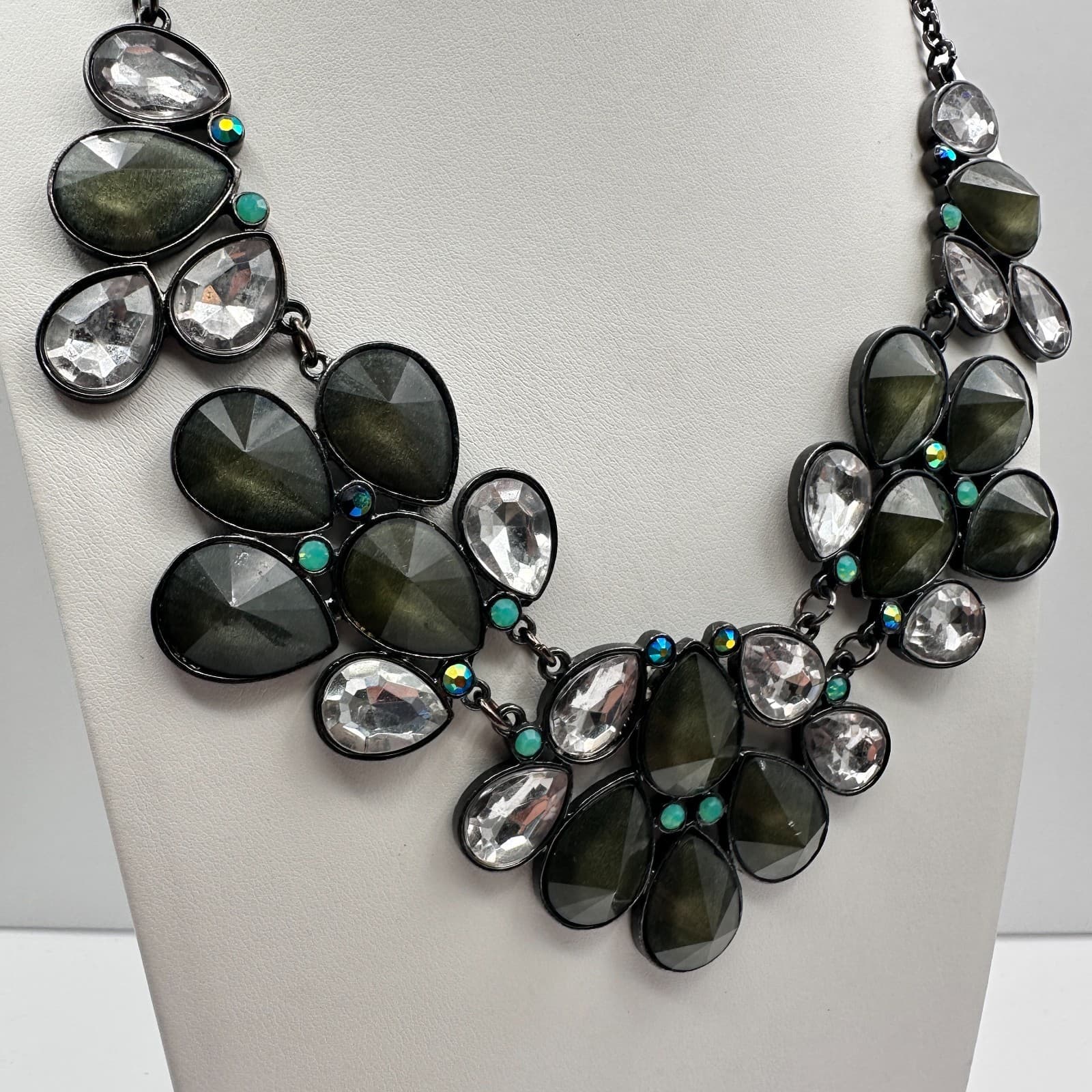 Vintage 90s Y2K Statement Necklace Boho Teardrop Green Clear Crystal Jewelry - Thumbnail 3