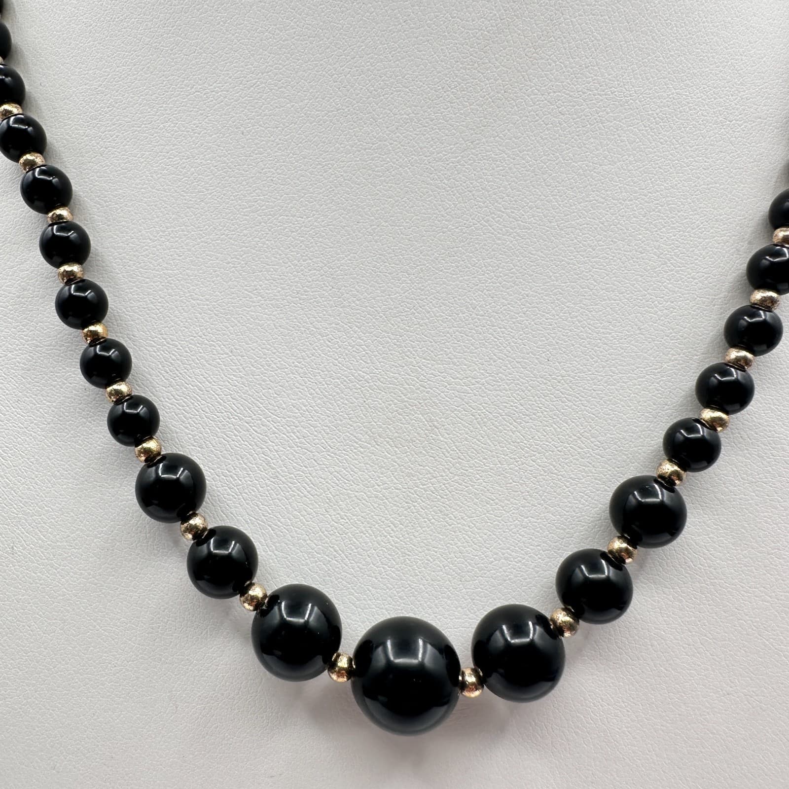 Vintage 80s Black Onyx Glass Bead Necklace Gold Tone Statement Women's Jewelry - Thumbnail 2
