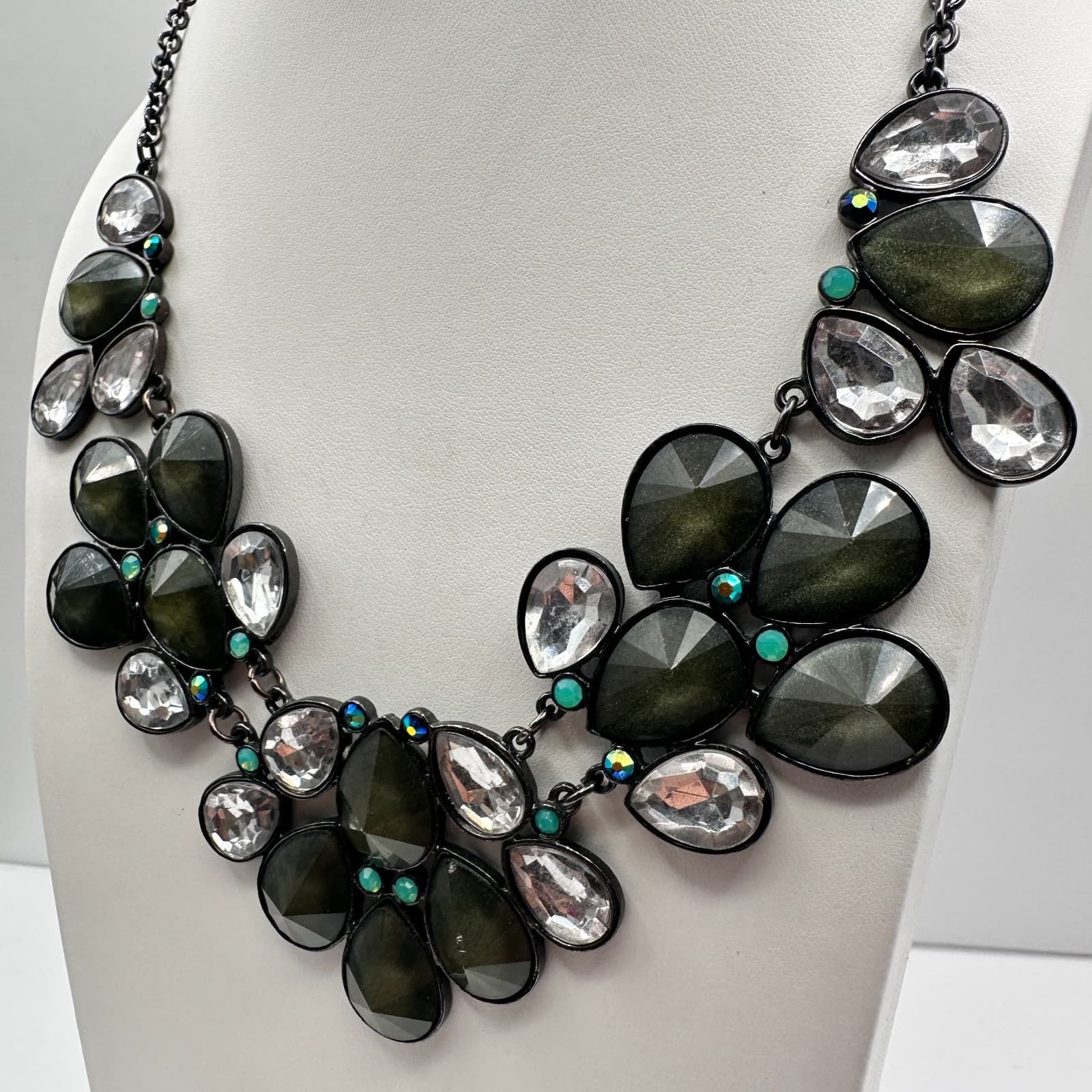 Vintage 90s Y2K Statement Necklace Boho Teardrop Green Clear Crystal Jewelry - Thumbnail 4