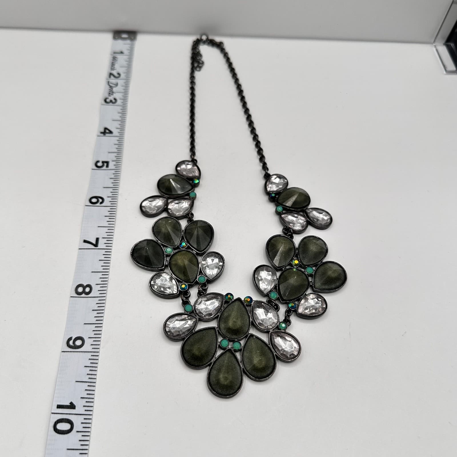 Vintage 90s Y2K Statement Necklace Boho Teardrop Green Clear Crystal Jewelry - Thumbnail 11