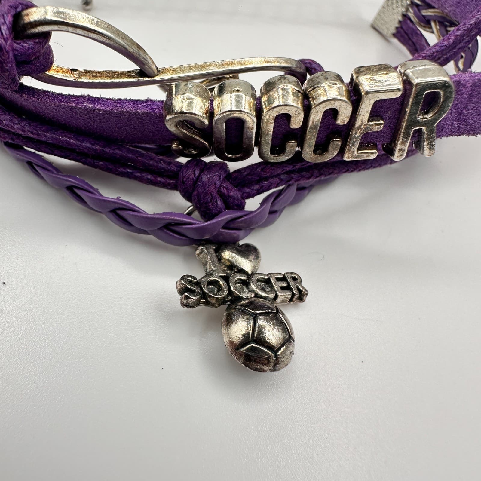 Vintage 90s Purple Leather Soccer Bracelet Infinity Love Sports Charm Adjustable - Thumbnail 4