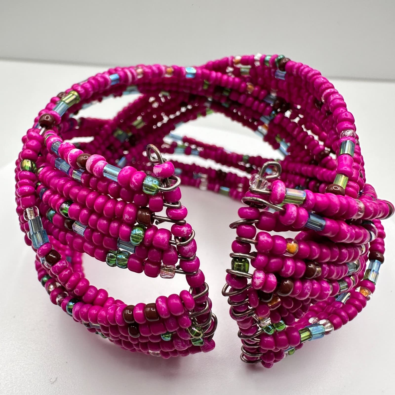 Vintage 90s Beaded Multi Strand Adjustable Stretch Cord Wrap Women's Bracelet - Thumbnail 5