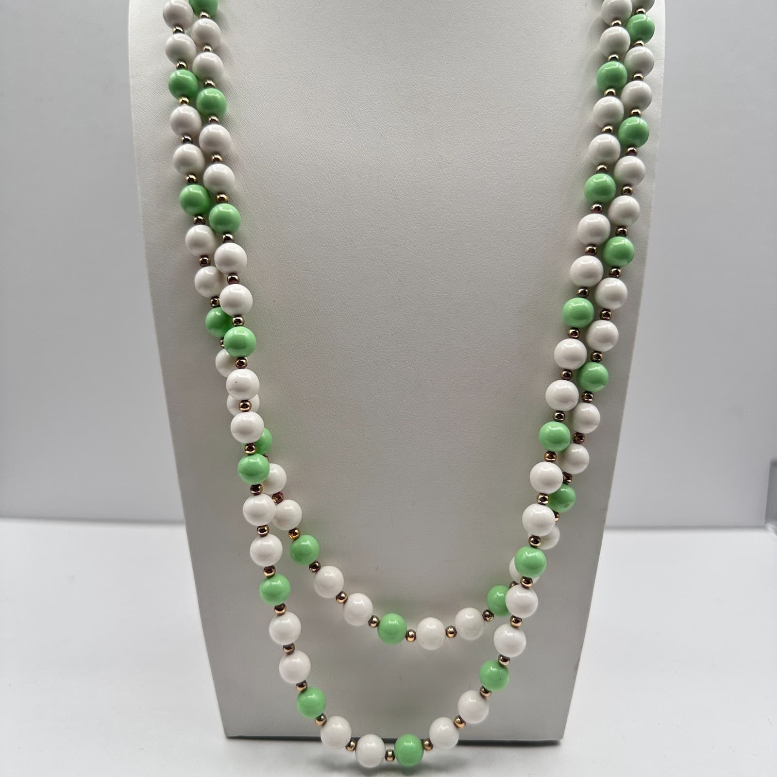 Vintage 80s Green & White Beaded Double Strand Necklace Gold Tone Boho Jewelry - Image 1
