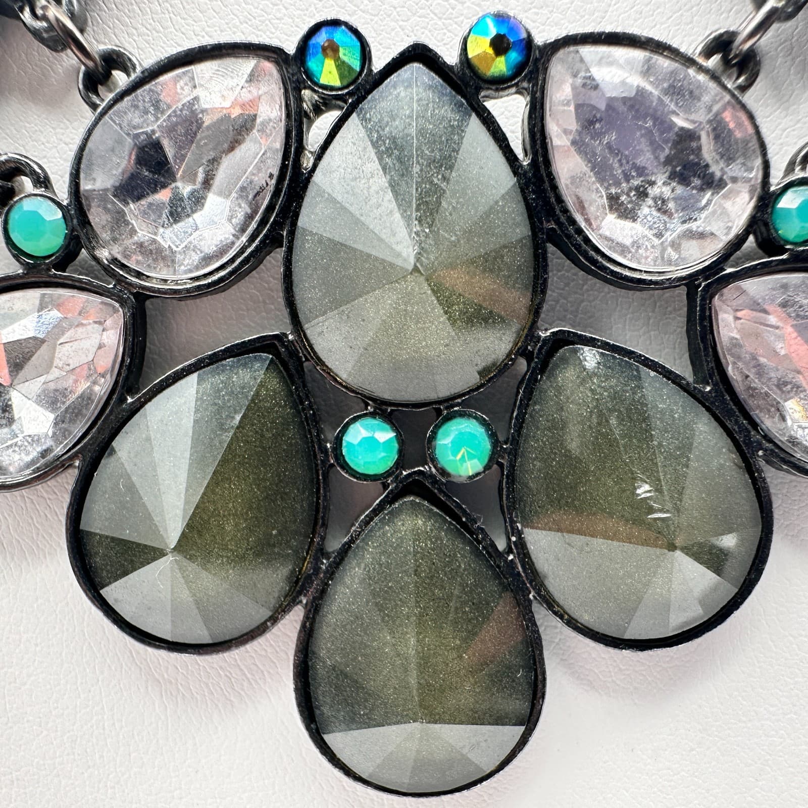 Vintage 90s Y2K Statement Necklace Boho Teardrop Green Clear Crystal Jewelry - Thumbnail 6