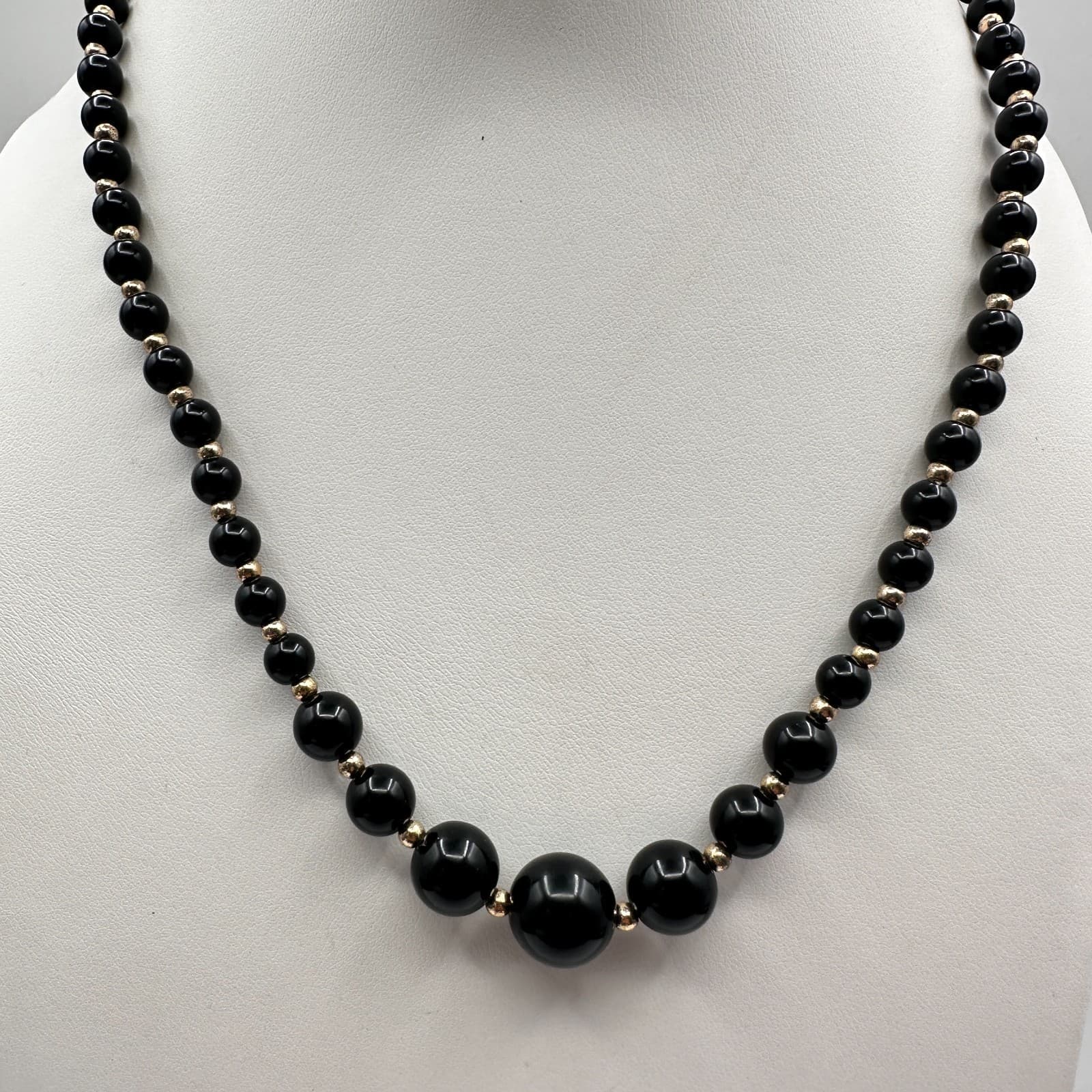 Vintage 80s Black Onyx Glass Bead Necklace Gold Tone Statement Women's Jewelry - Image 1