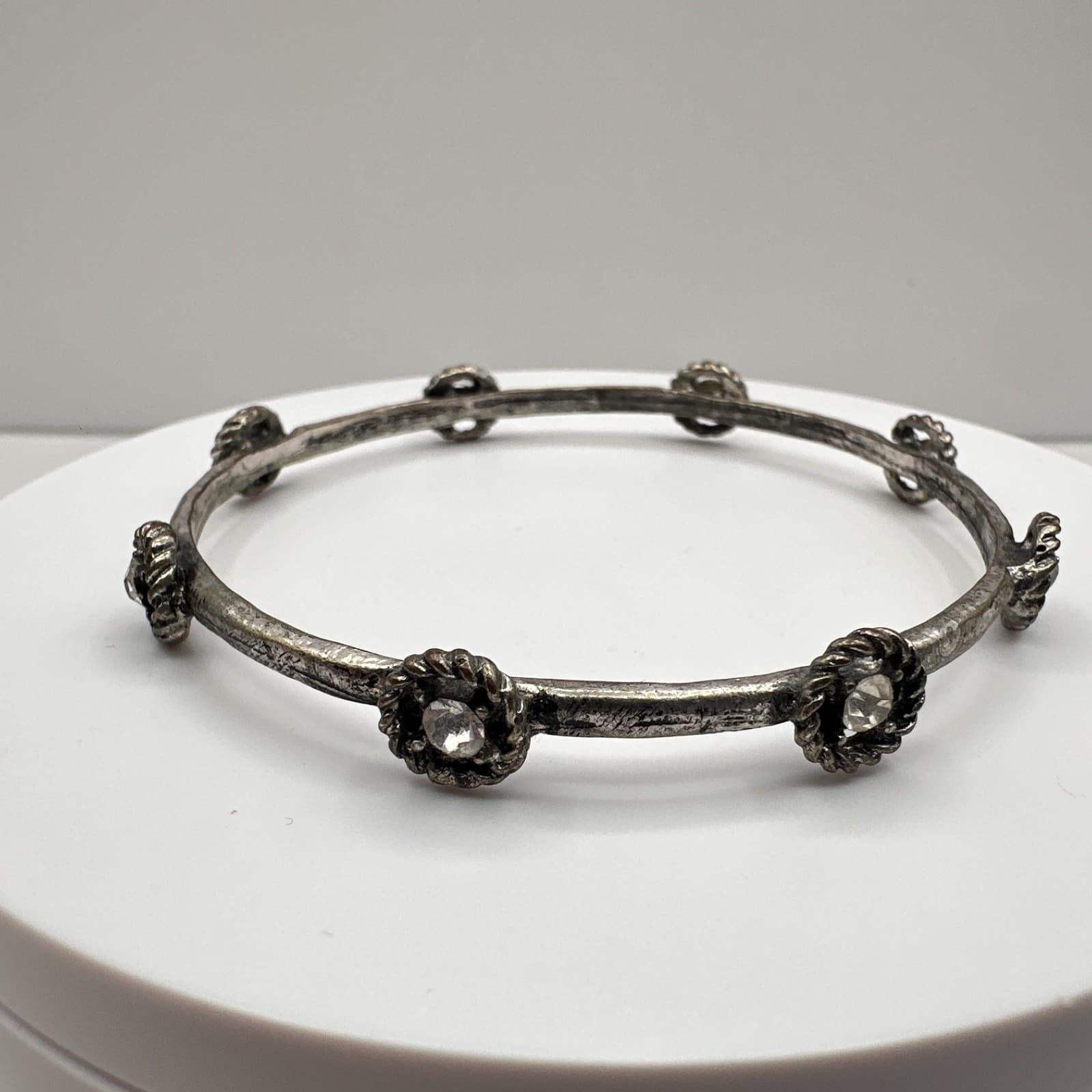Vintage 90s Silver Tone Bracelet Floral Clear Rhinestone Boho Women's Jewelry - Image 1