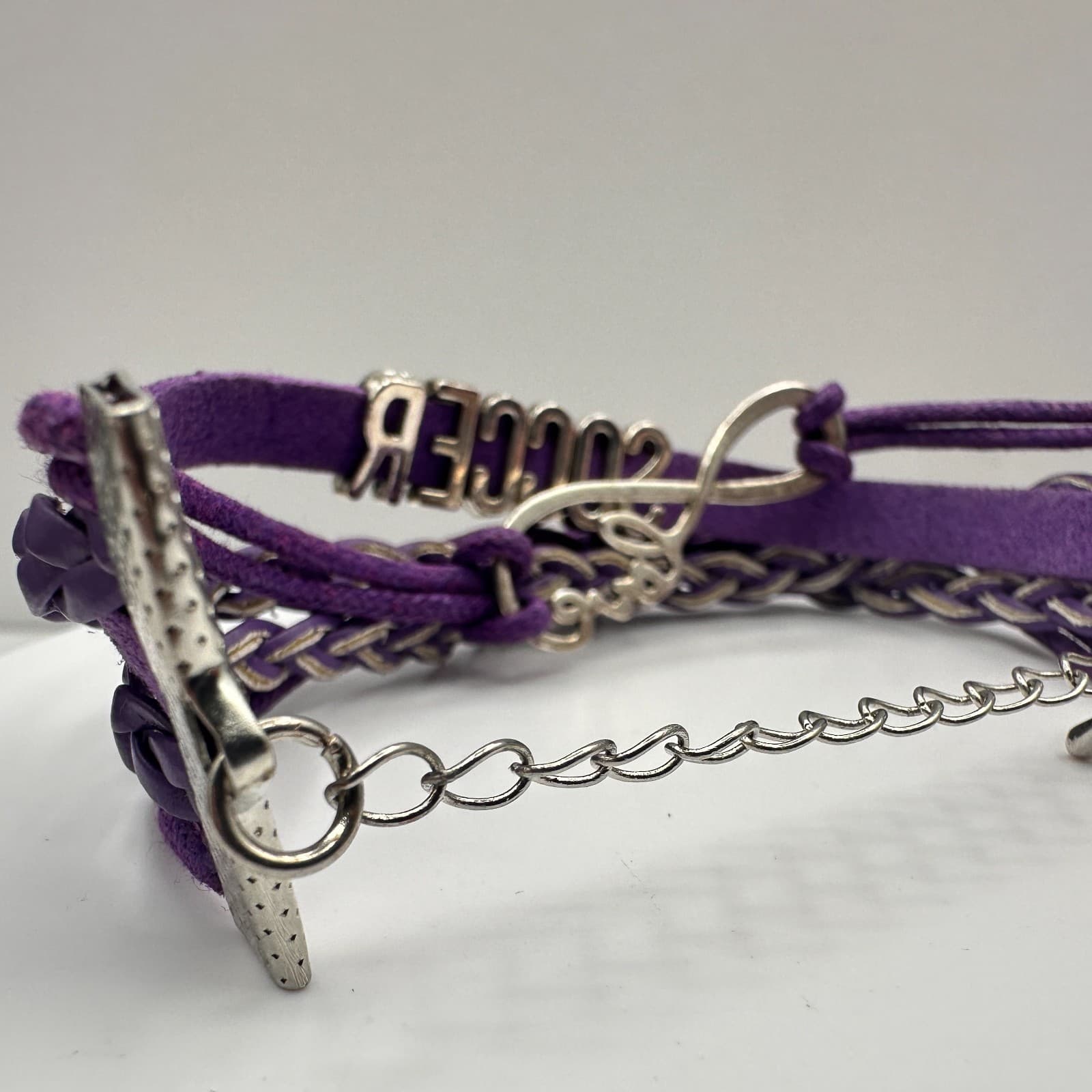 Vintage 90s Purple Leather Soccer Bracelet Infinity Love Sports Charm Adjustable - Thumbnail 8