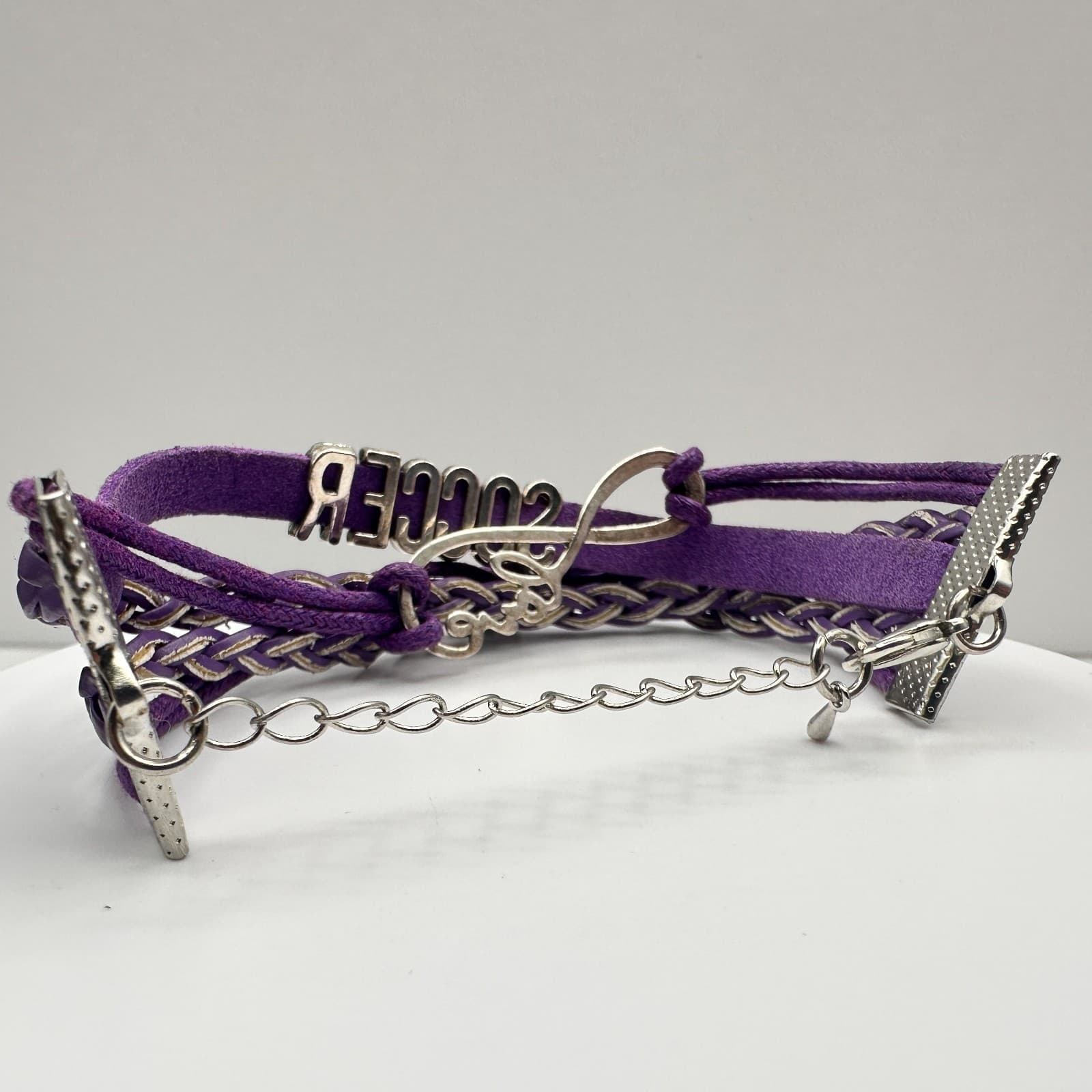 Vintage 90s Purple Leather Soccer Bracelet Infinity Love Sports Charm Adjustable - Thumbnail 7