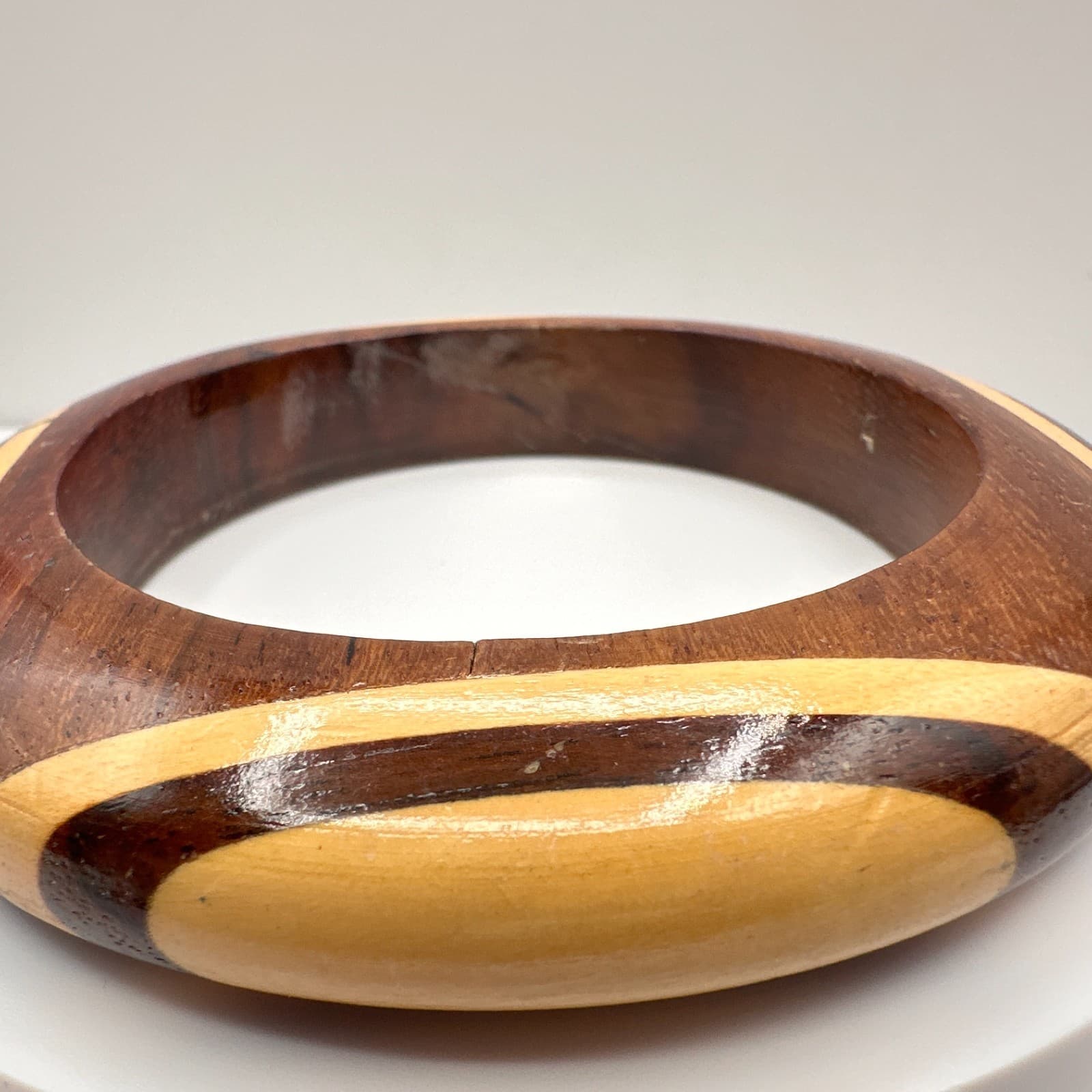 Vintage 90s Wooden Bracelet Chunky Inlaid Striped Boho Statement Women's Jewelry - Thumbnail 5