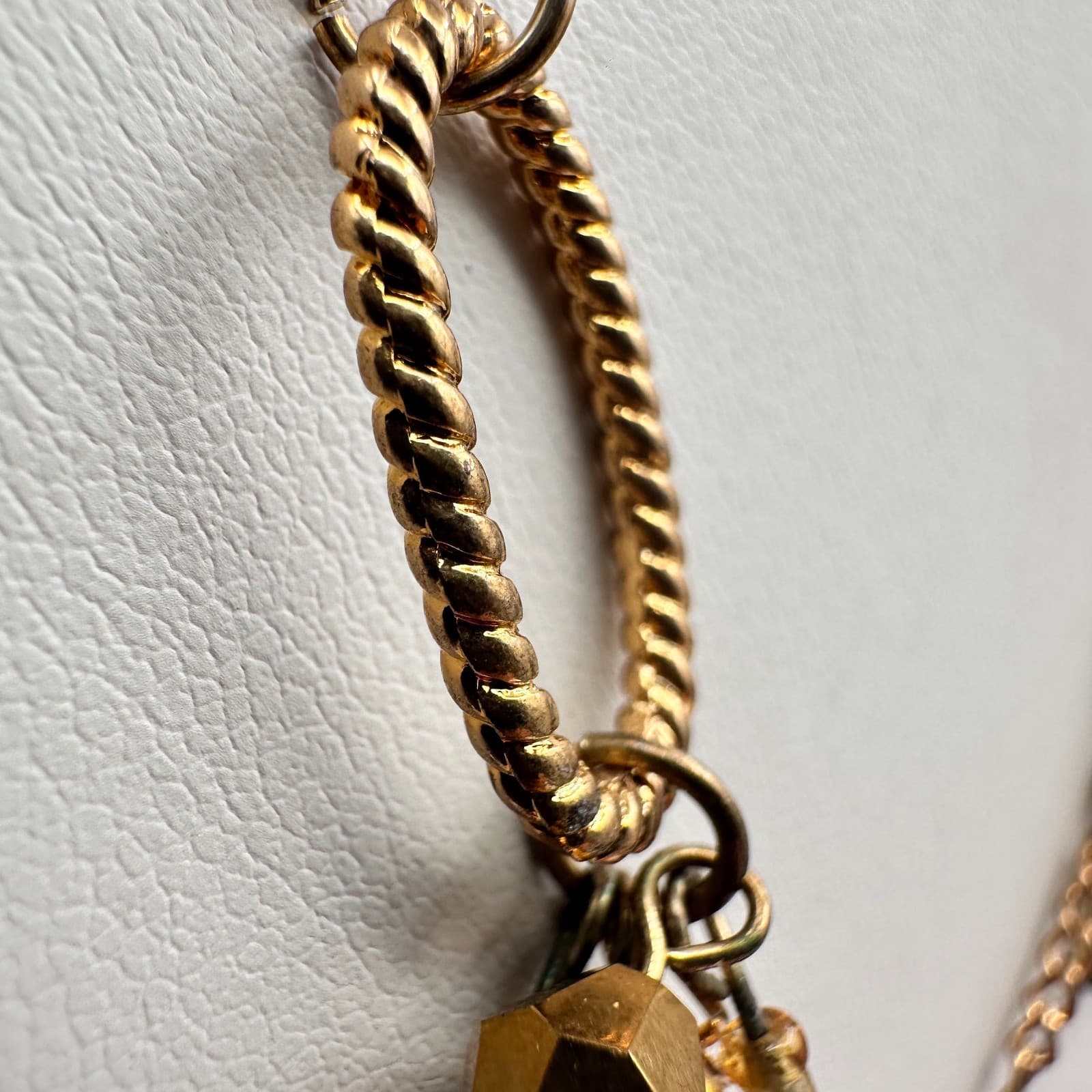 Vintage 90s Amber Citrine Glass Pendant Necklace Gold Tone Beaded Boho Statement - Thumbnail 8