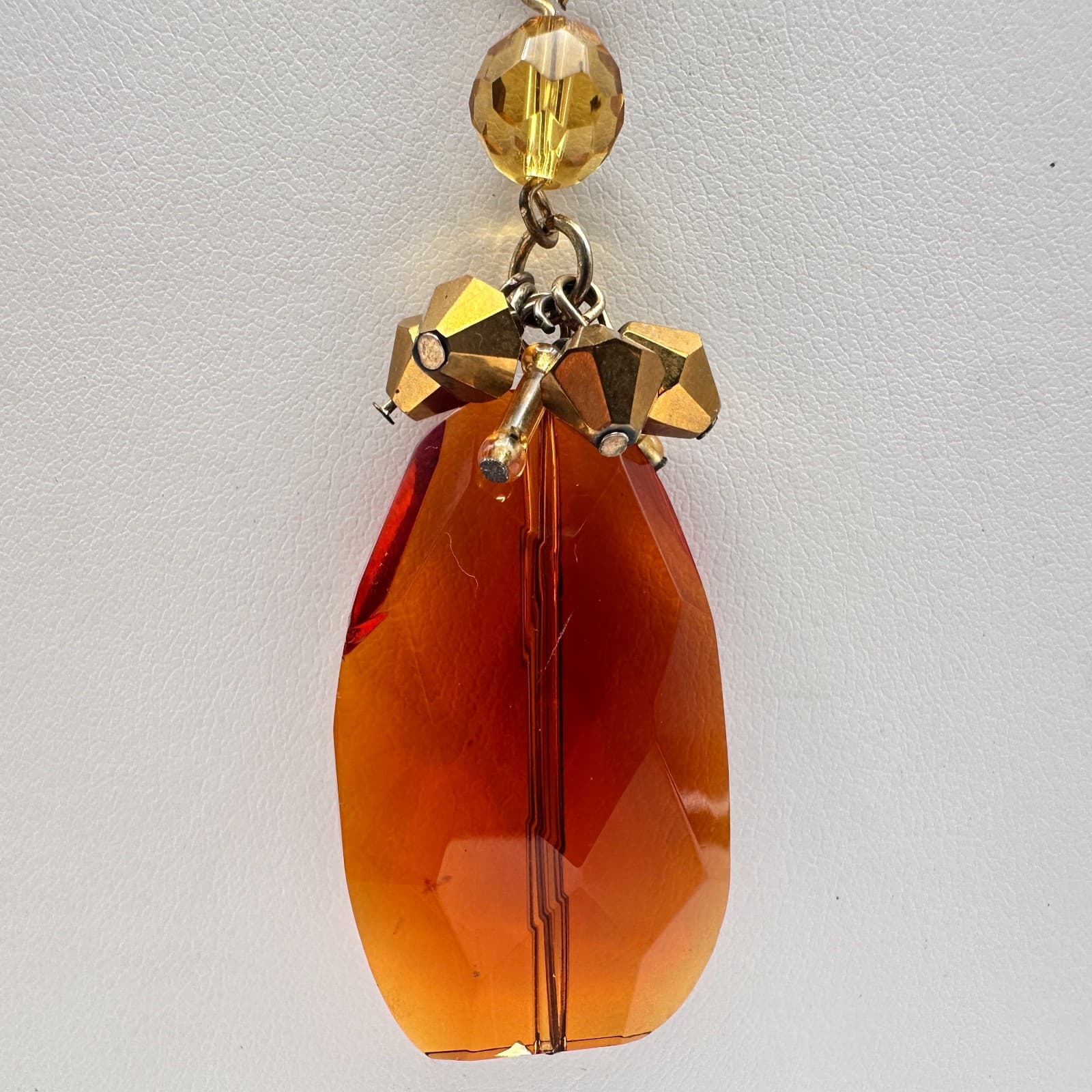 Vintage 90s Amber Citrine Glass Pendant Necklace Gold Tone Beaded Boho Statement - Thumbnail 3