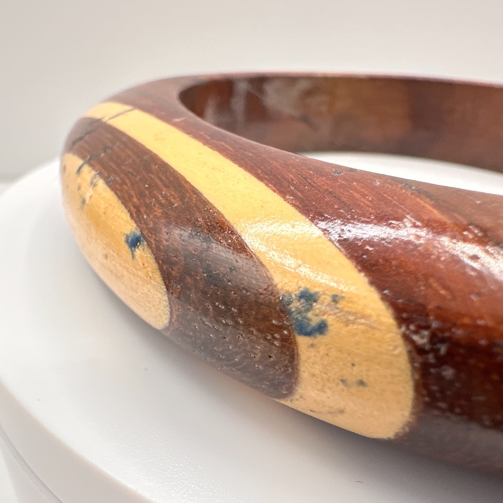Vintage 90s Wooden Bracelet Chunky Inlaid Striped Boho Statement Women's Jewelry - Thumbnail 3