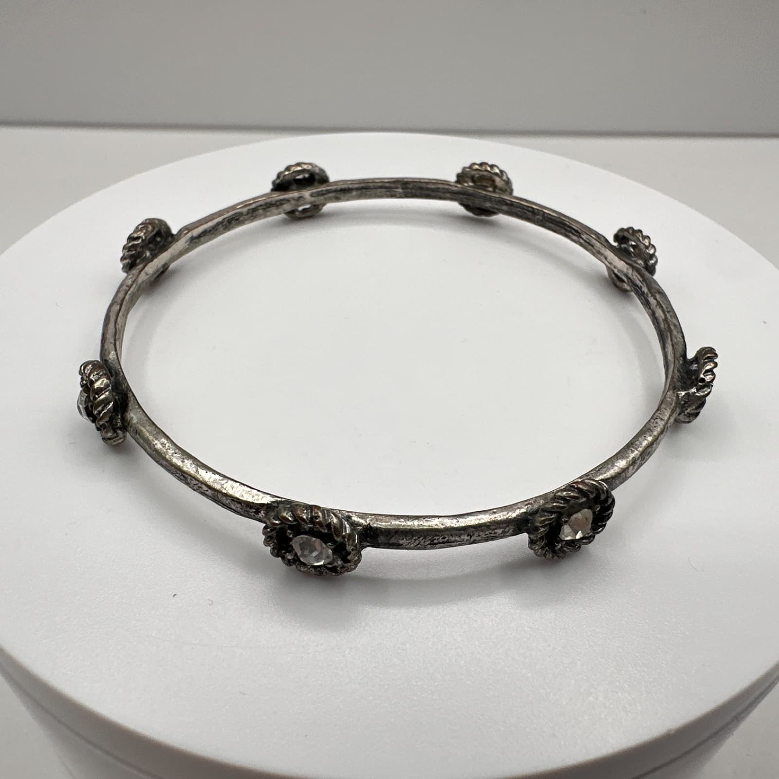 Vintage 90s Silver Tone Bracelet Floral Clear Rhinestone Boho Women's Jewelry - Thumbnail 2