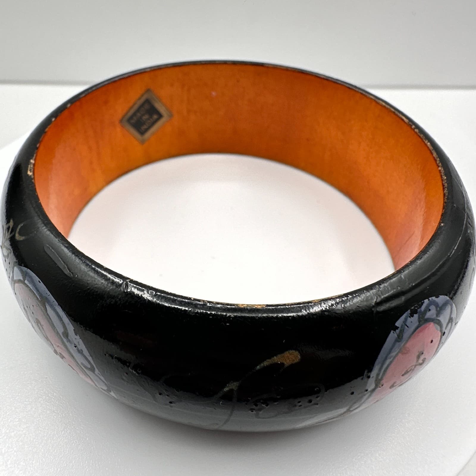 Vintage 90s Wooded Slip-on Bracelet Floral Pattern Boho Women's Classic Jewelry - Thumbnail 7