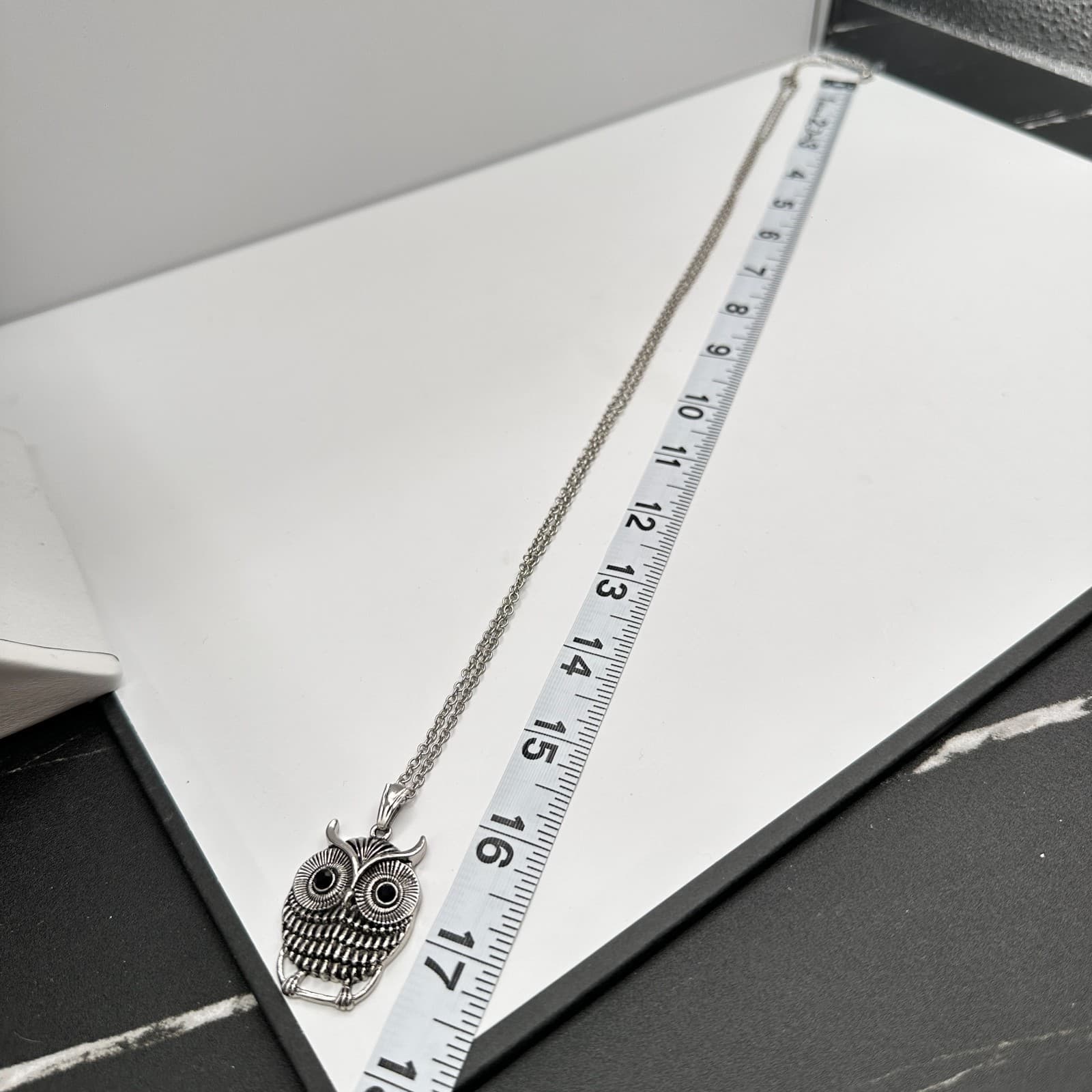 Vintage Y2K Silver Tone Owl Pendant Necklace Black Boho Women's Classic Jewelry - Thumbnail 8