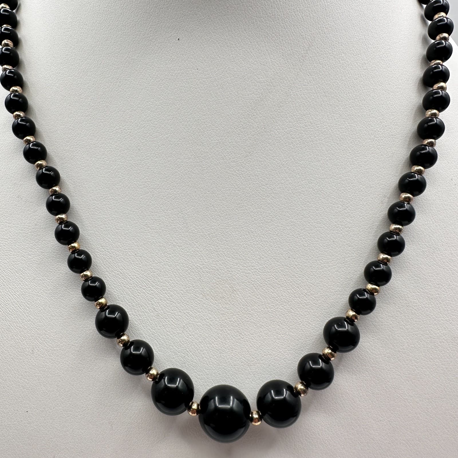 Vintage 80s Black Onyx Glass Bead Necklace Gold Tone Statement Women's Jewelry - Thumbnail 9