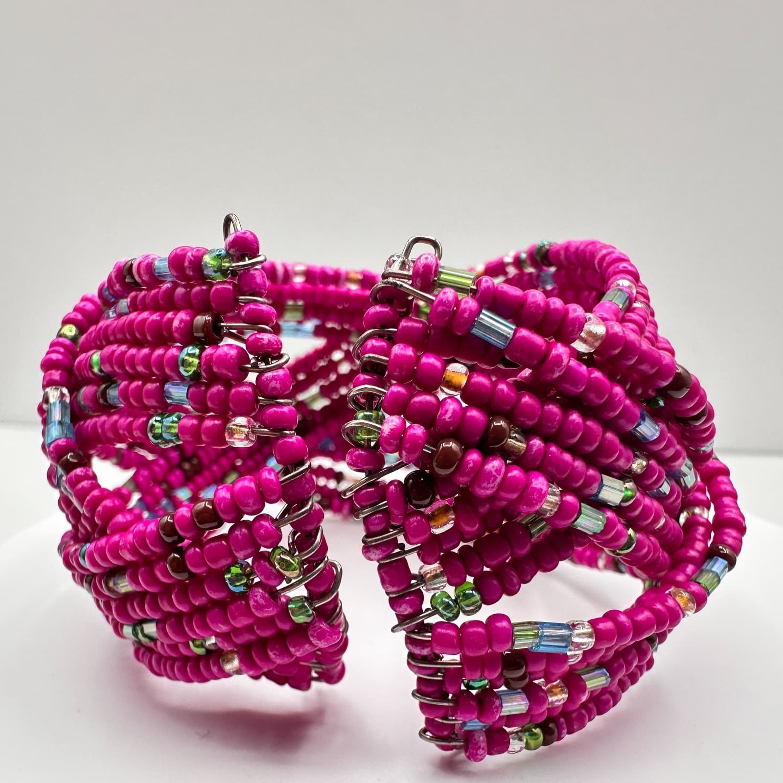 Vintage 90s Beaded Multi Strand Adjustable Stretch Cord Wrap Women's Bracelet - Thumbnail 2