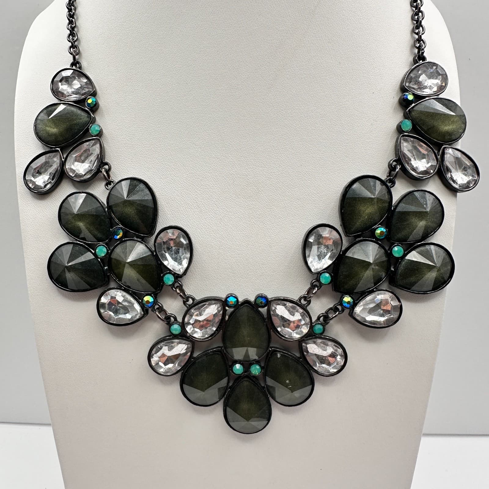 Vintage 90s Y2K Statement Necklace Boho Teardrop Green Clear Crystal Jewelry - Image 1