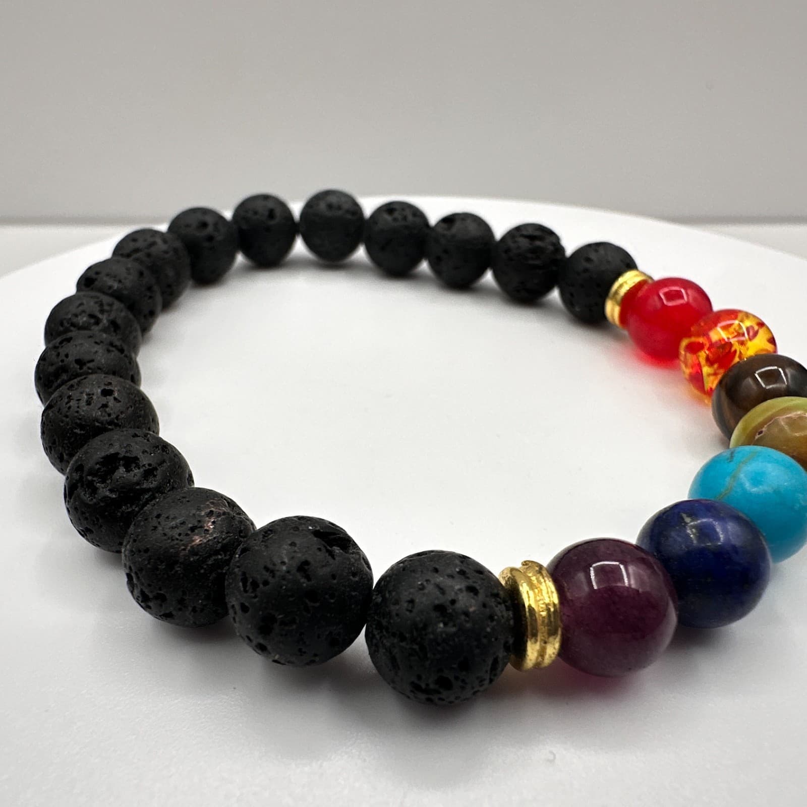 Vintage 90s 7 Chakra Healing Bracelet Lava Rock Stone Beads Women's Jewelry - Thumbnail 3