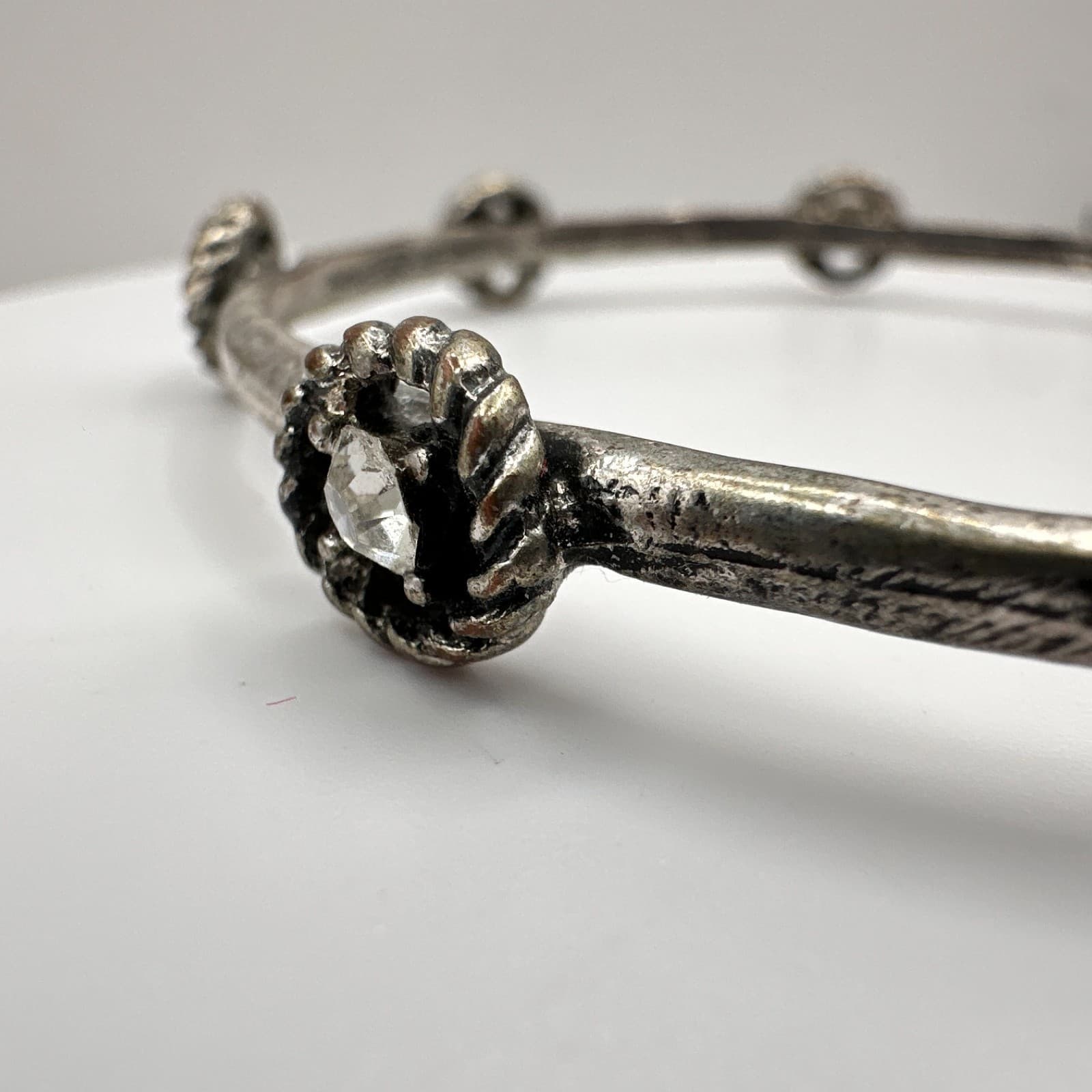 Vintage 90s Silver Tone Bracelet Floral Clear Rhinestone Boho Women's Jewelry - Thumbnail 4