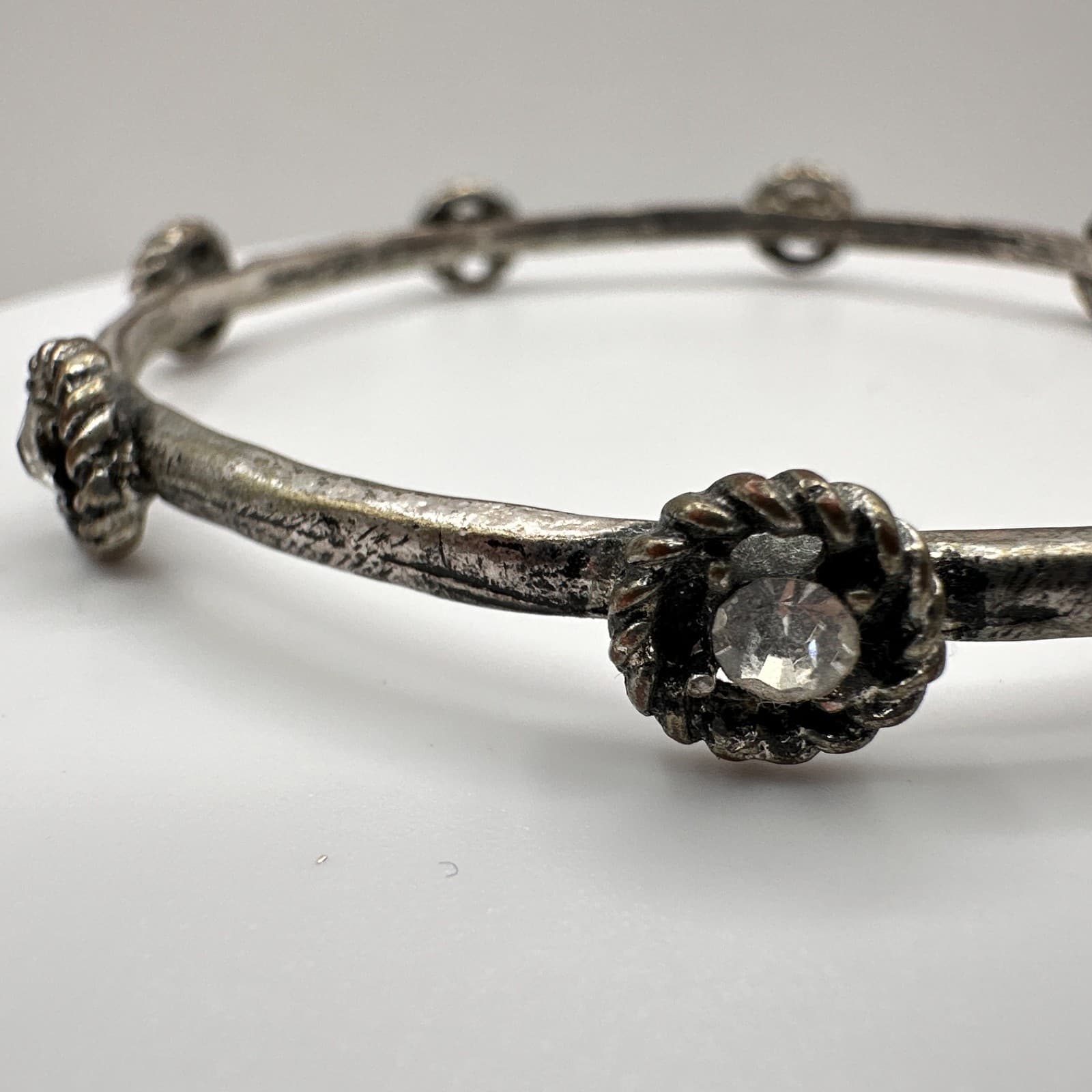 Vintage 90s Silver Tone Bracelet Floral Clear Rhinestone Boho Women's Jewelry - Thumbnail 3