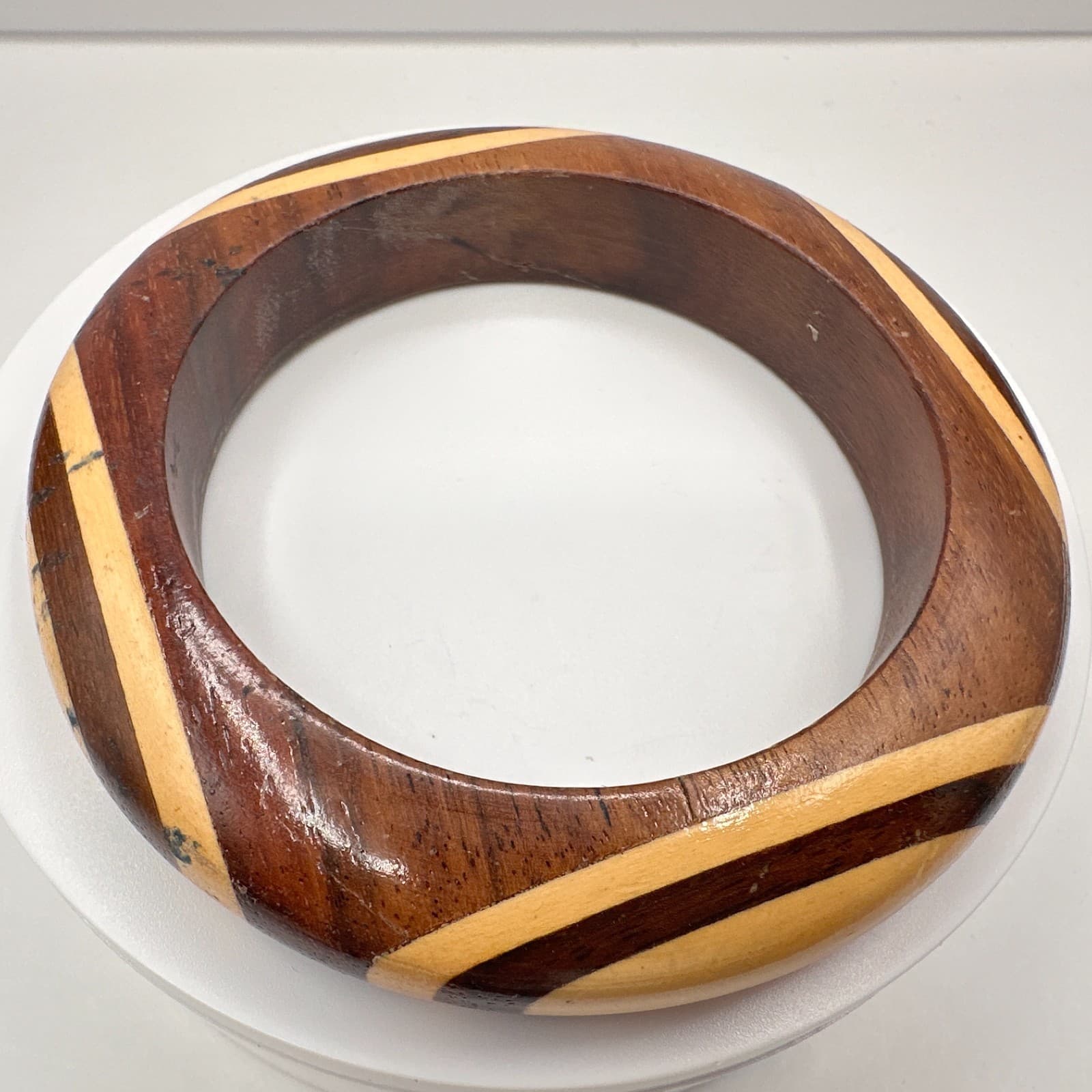 Vintage 90s Wooden Bracelet Chunky Inlaid Striped Boho Statement Women's Jewelry - Thumbnail 6