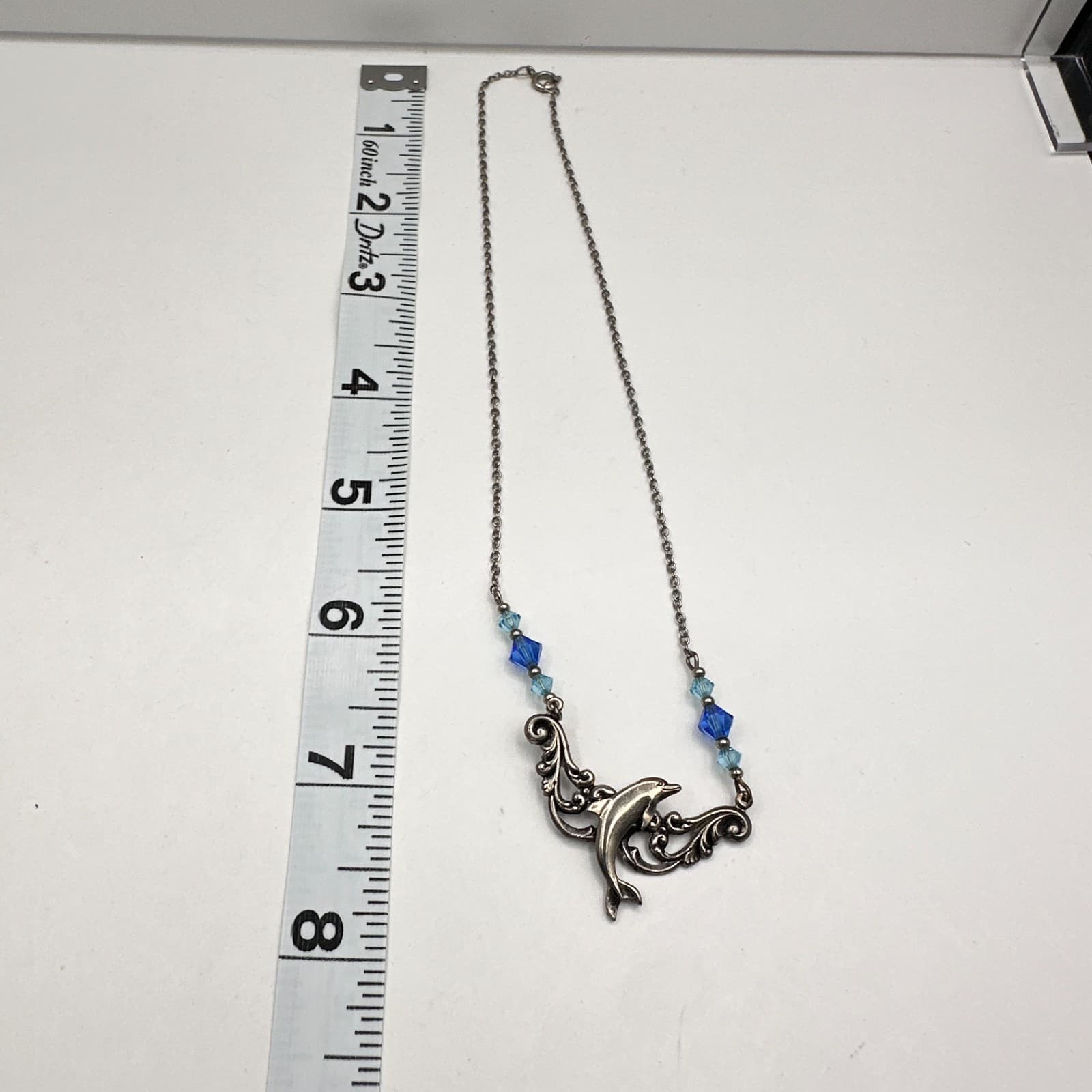 Vintage 90s Dolphin Pendant Necklace Silver Tone Blue Crystal Beaded Ocean Boho - Thumbnail 7
