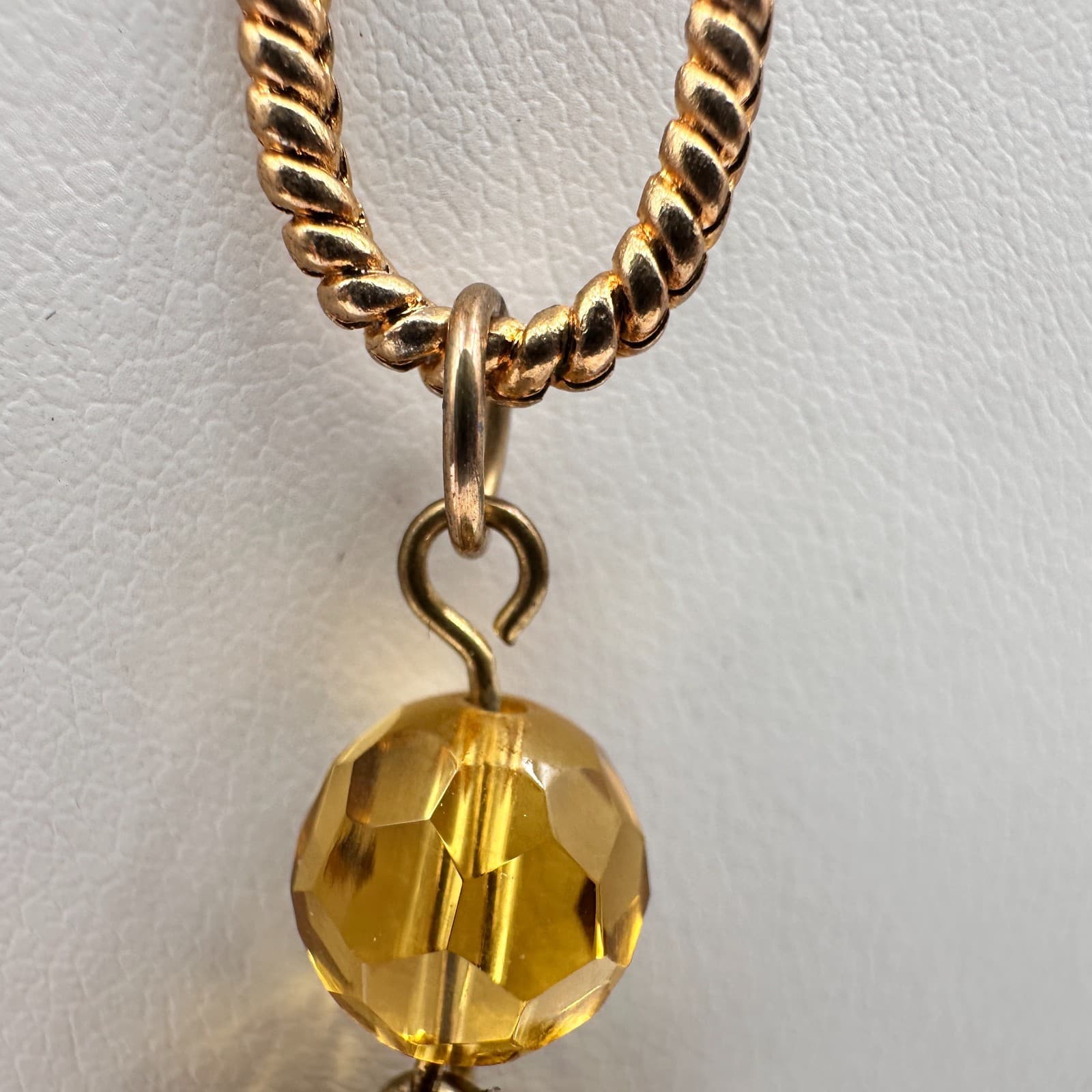 Vintage 90s Amber Citrine Glass Pendant Necklace Gold Tone Beaded Boho Statement - Thumbnail 6