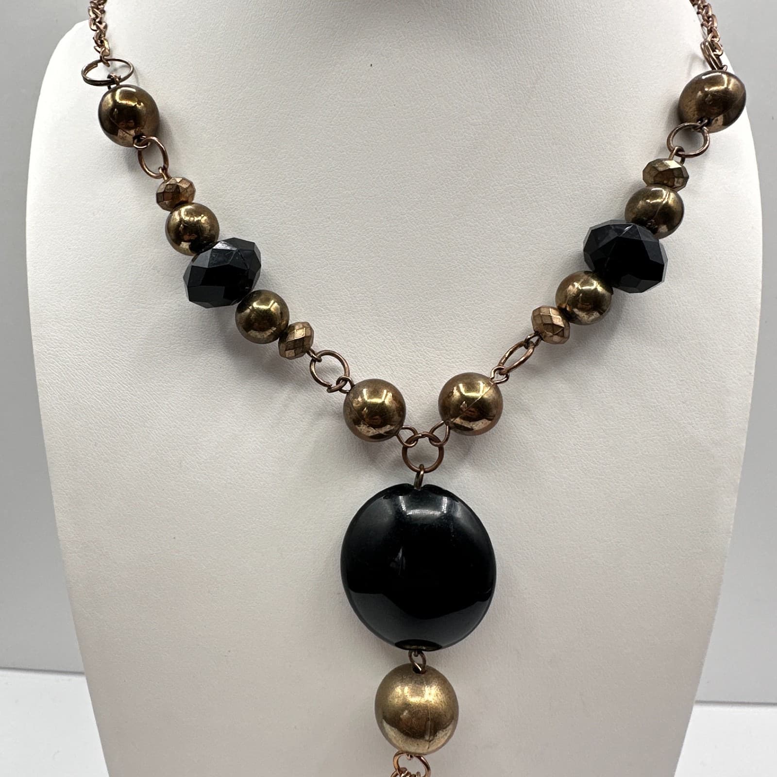 Vintage Y2K Statement Tassel Necklace Black Onyx Beads Bronze Gold Tone Jewelry - Thumbnail 3