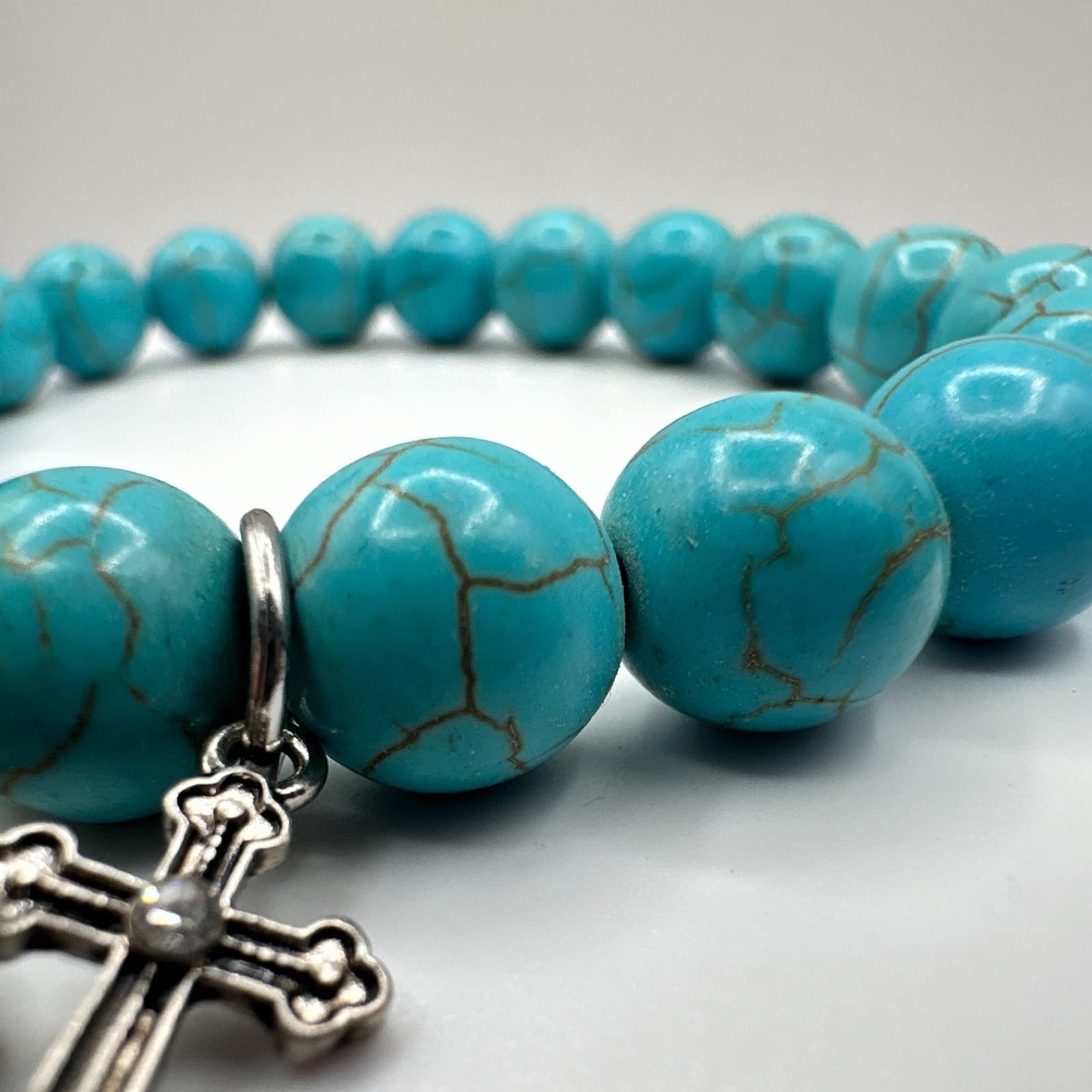 Vintage 90s Turquoise Bead Bracelet Charms Cross Christ Quote Rhinestone Jewelry - Thumbnail 5