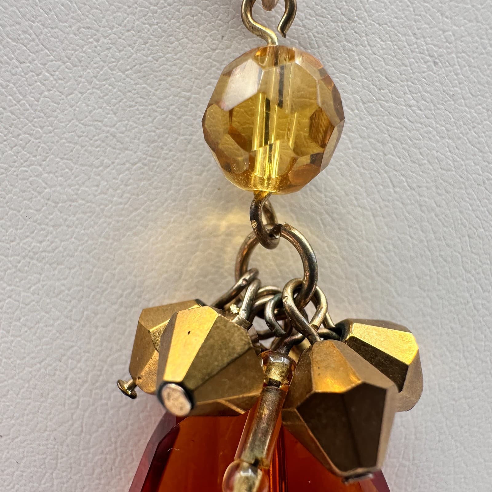 Vintage 90s Amber Citrine Glass Pendant Necklace Gold Tone Beaded Boho Statement - Thumbnail 4