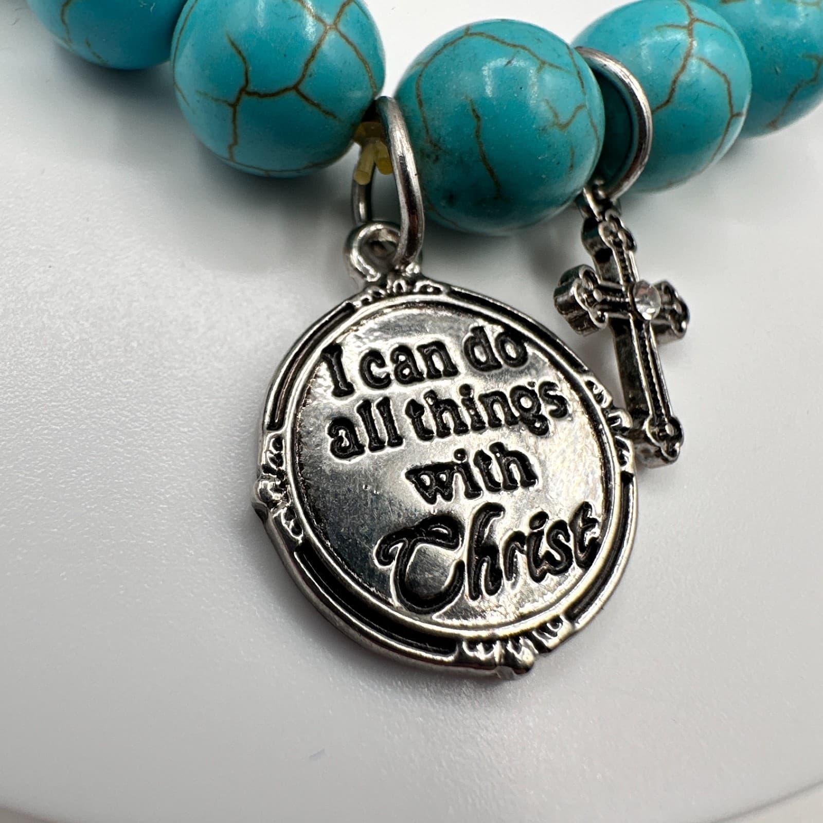 Vintage 90s Turquoise Bead Bracelet Charms Cross Christ Quote Rhinestone Jewelry - Thumbnail 2