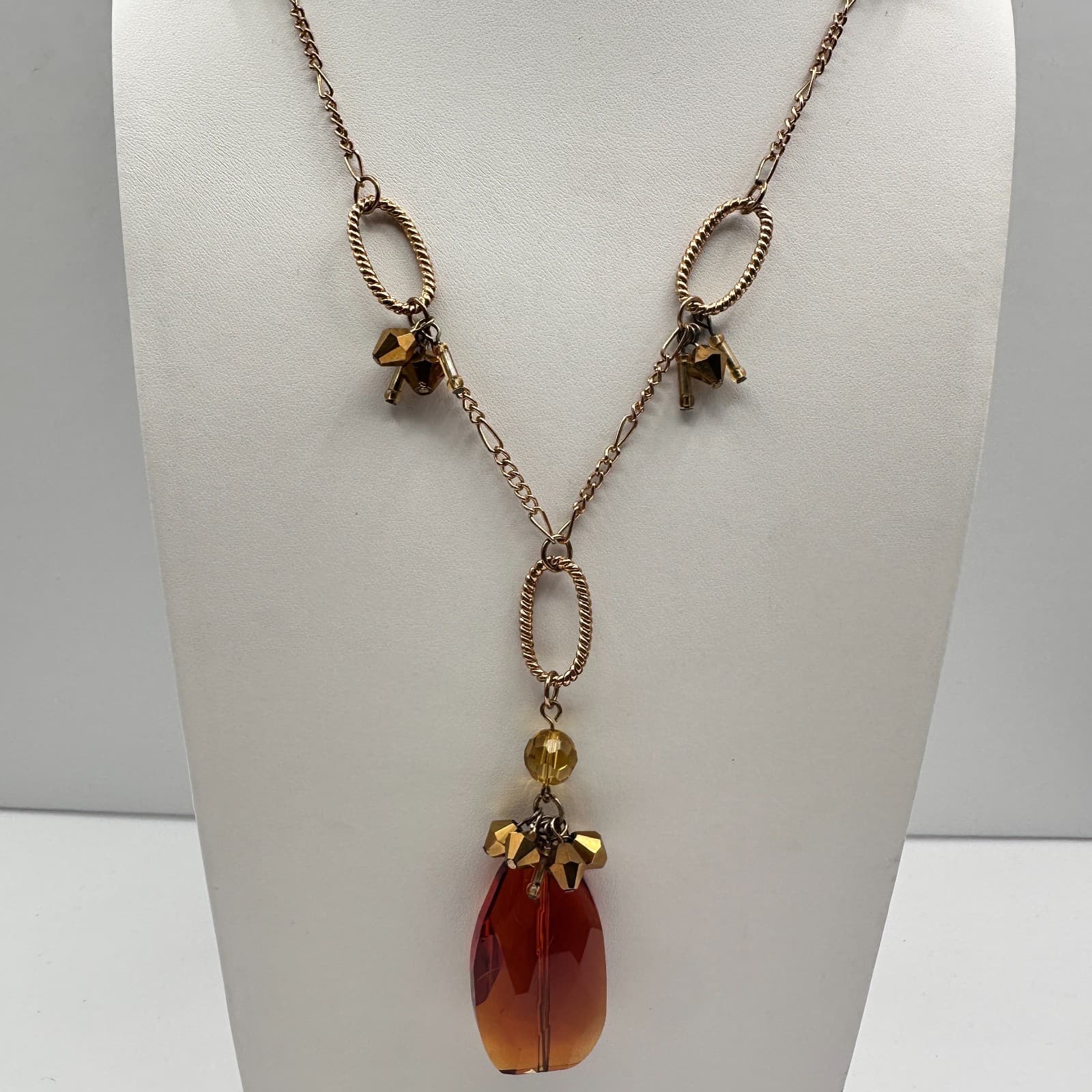 Vintage 90s Amber Citrine Glass Pendant Necklace Gold Tone Beaded Boho Statement - Thumbnail 10