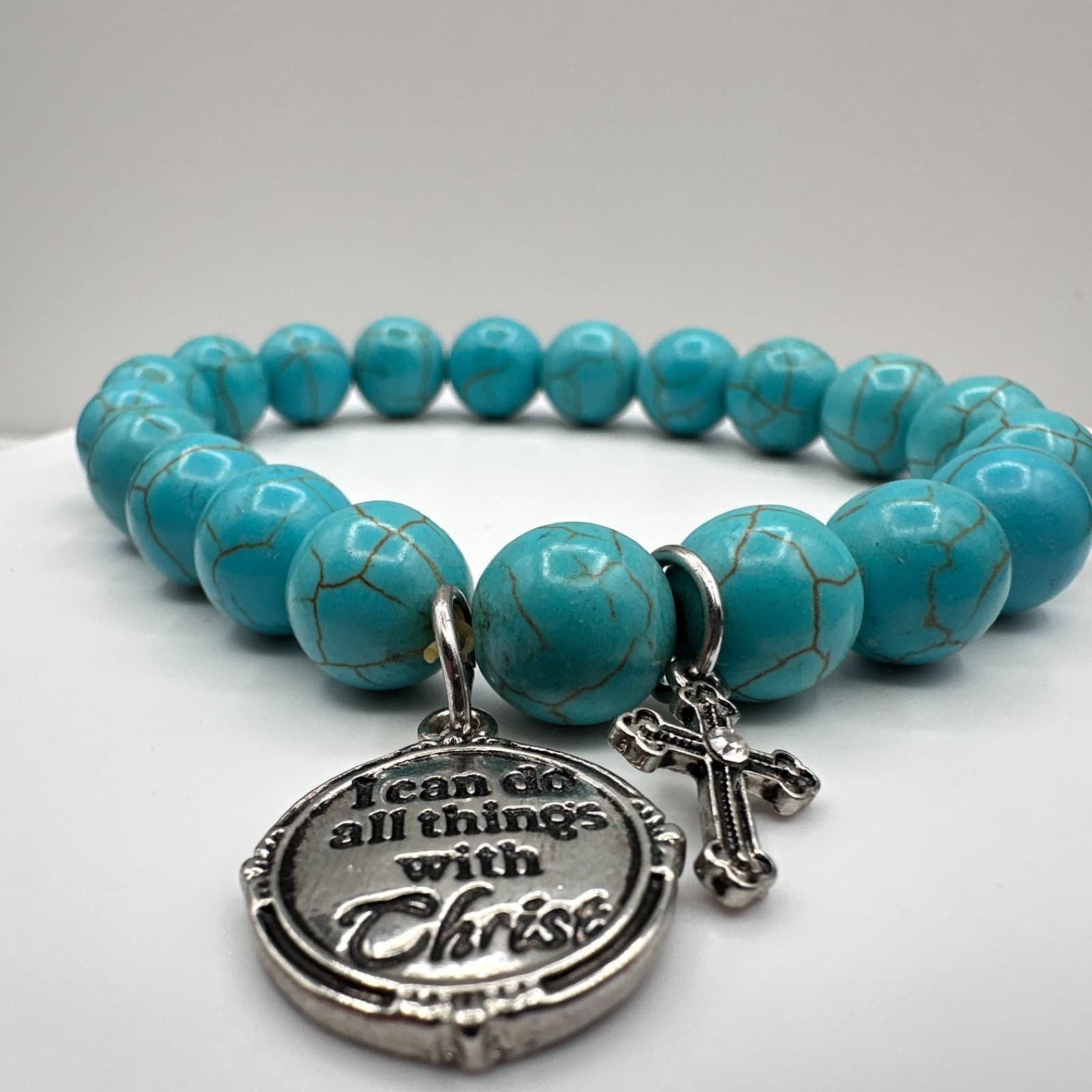 Vintage 90s Turquoise Bead Bracelet Charms Cross Christ Quote Rhinestone Jewelry - Thumbnail 4
