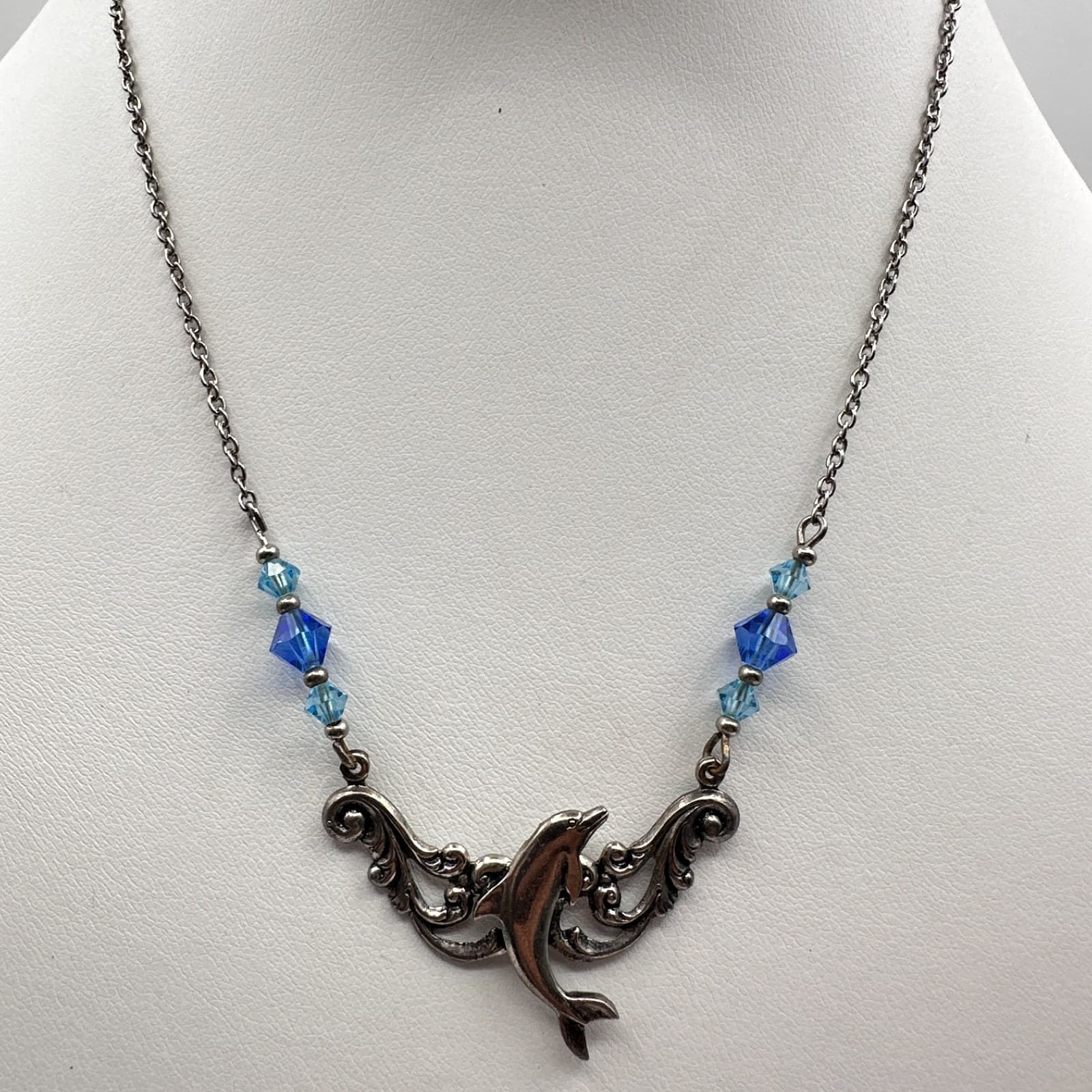 Vintage 90s Dolphin Pendant Necklace Silver Tone Blue Crystal Beaded Ocean Boho - Thumbnail 2