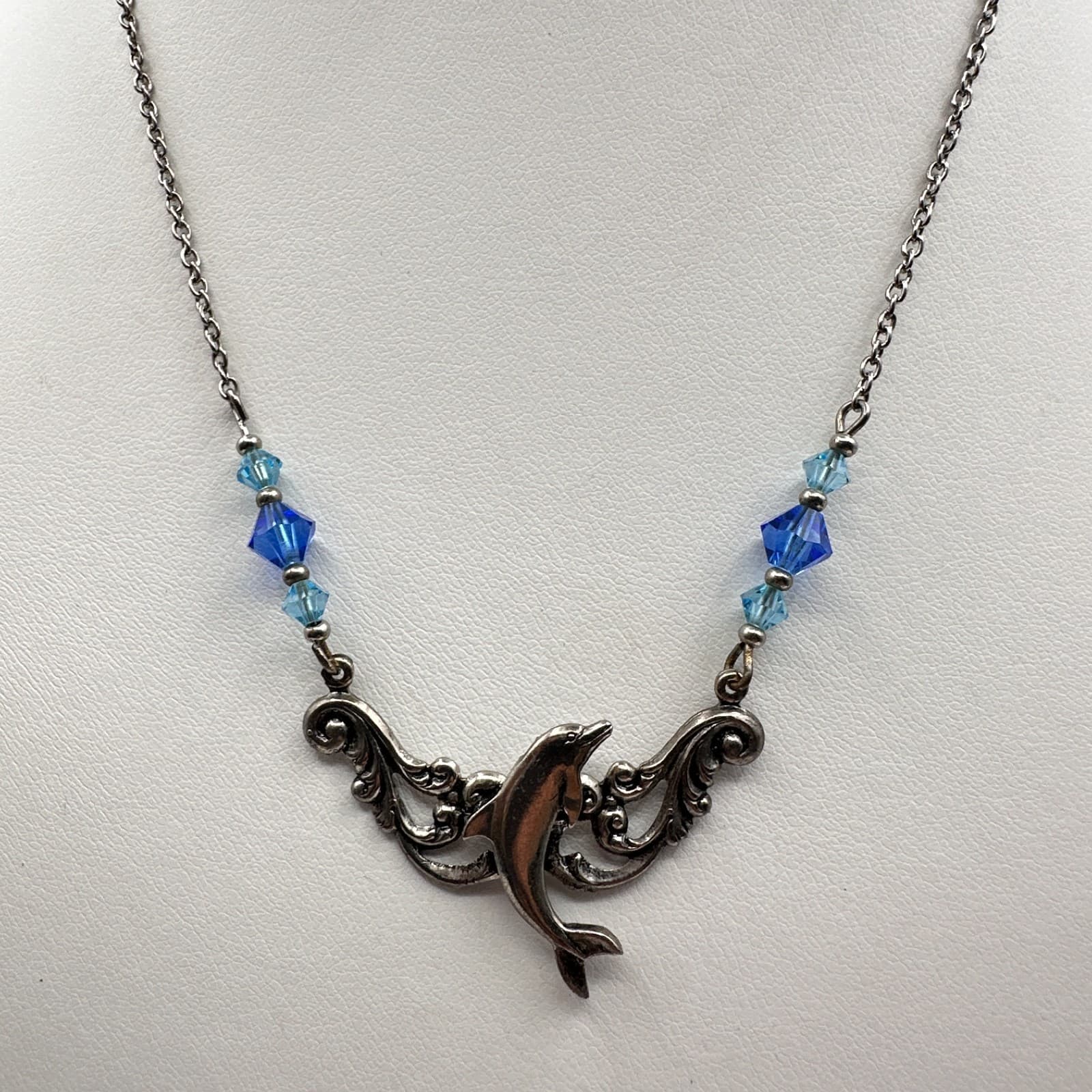 Vintage 90s Dolphin Pendant Necklace Silver Tone Blue Crystal Beaded Ocean Boho - Thumbnail 5