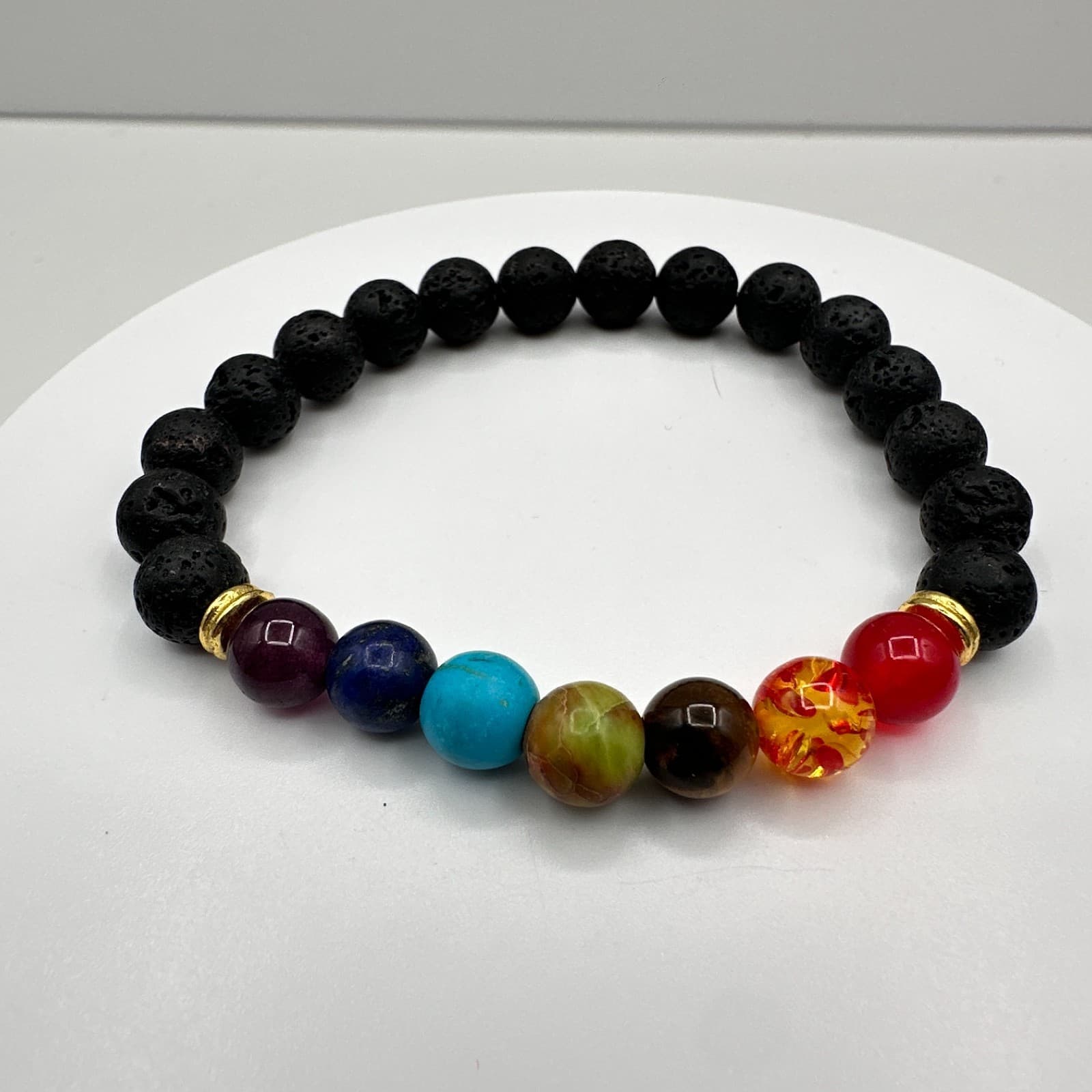 Vintage 90s 7 Chakra Healing Bracelet Lava Rock Stone Beads Women's Jewelry - Thumbnail 9