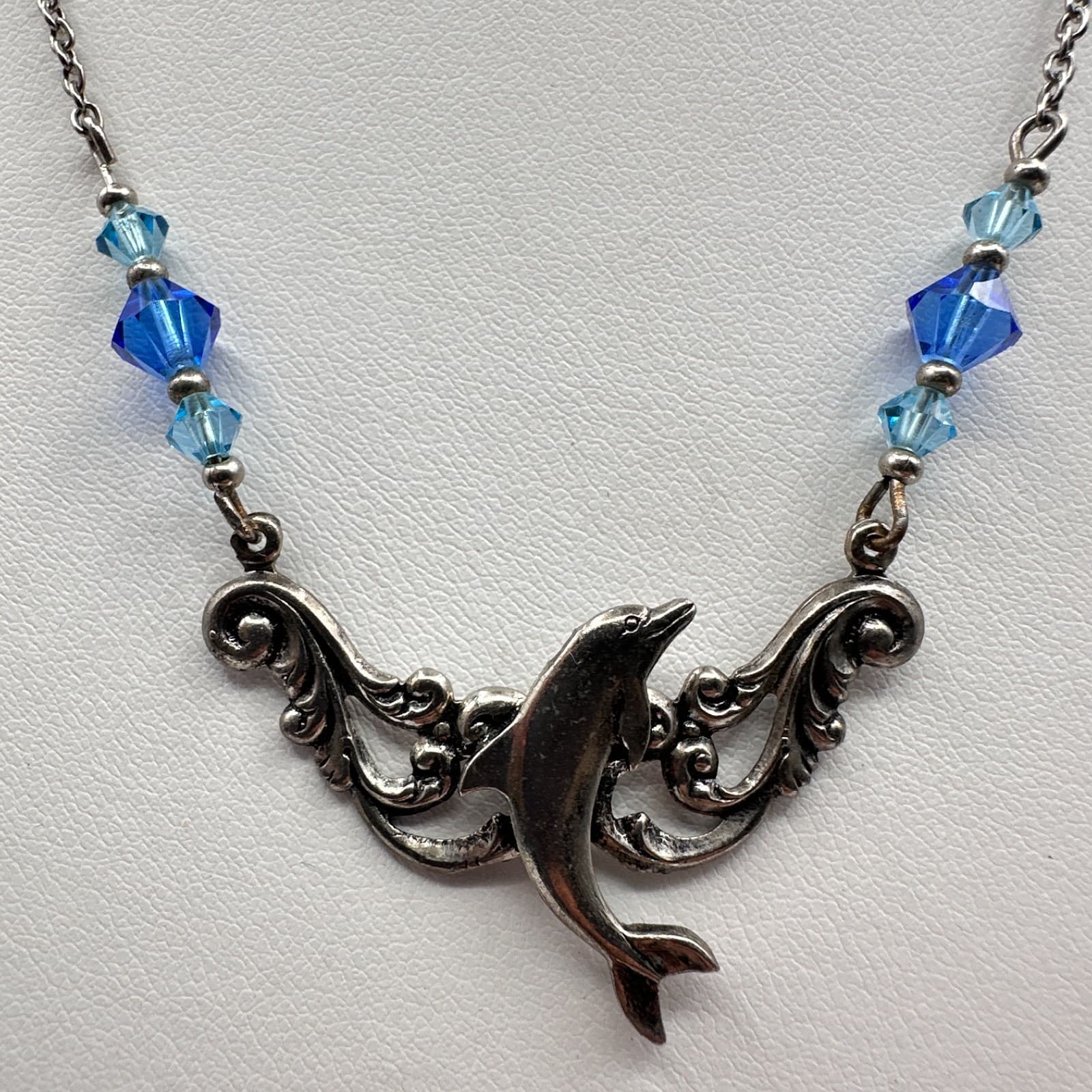 Vintage 90s Dolphin Pendant Necklace Silver Tone Blue Crystal Beaded Ocean Boho - Image 1
