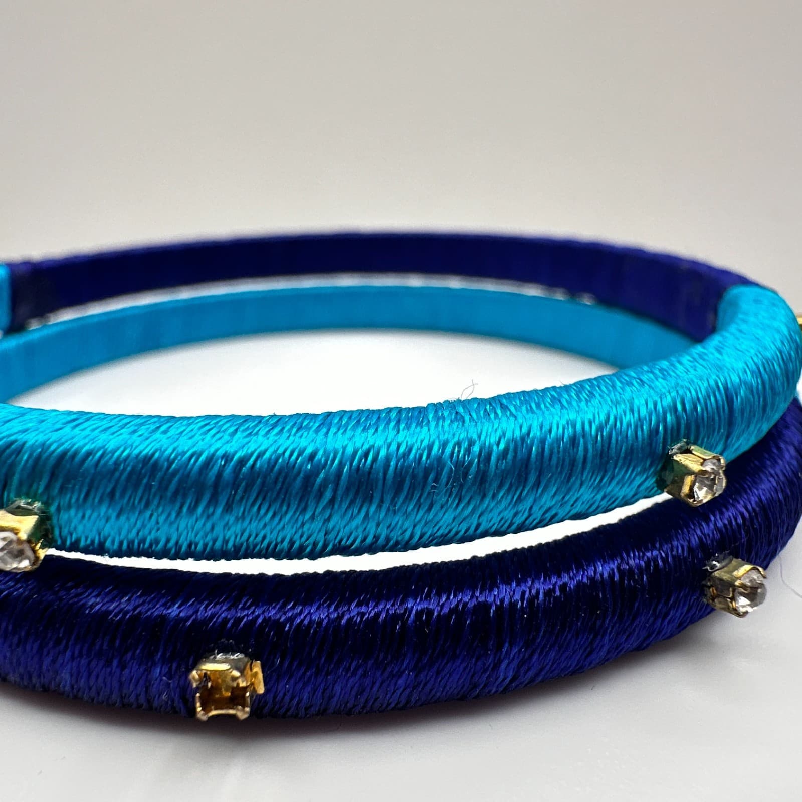 Vintage 90s Silk Thread Bracelets Set Blue Clear Rhinestone Women's Jewelry - Thumbnail 5