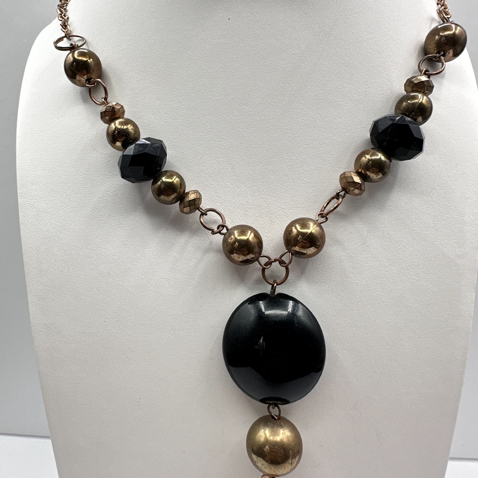 Vintage Y2K Statement Tassel Necklace Black Onyx Beads Bronze Gold Tone Jewelry - Thumbnail 12