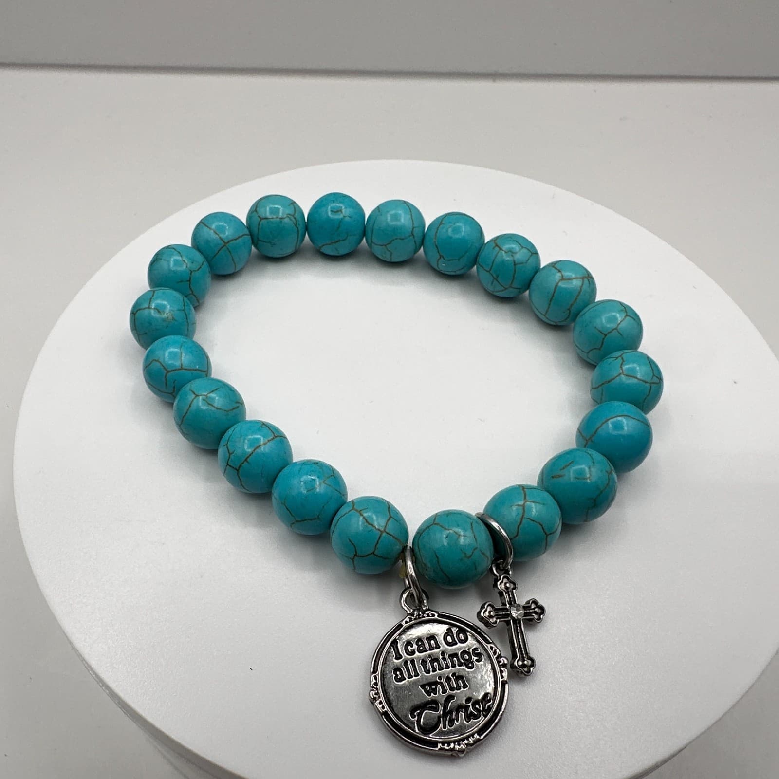 Vintage 90s Turquoise Bead Bracelet Charms Cross Christ Quote Rhinestone Jewelry - Thumbnail 7
