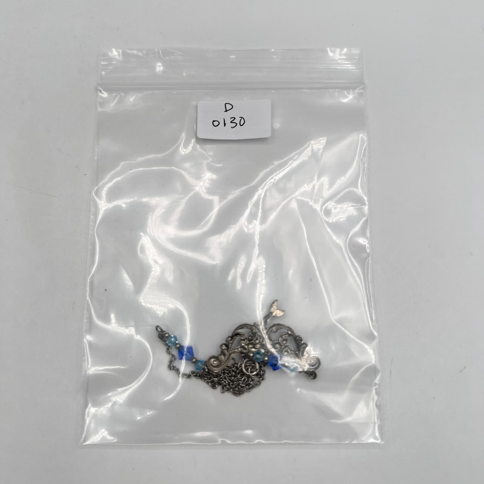 Vintage 90s Dolphin Pendant Necklace Silver Tone Blue Crystal Beaded Ocean Boho - Thumbnail 8