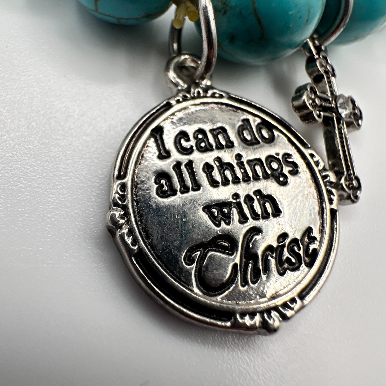 Vintage 90s Turquoise Bead Bracelet Charms Cross Christ Quote Rhinestone Jewelry - Thumbnail 3